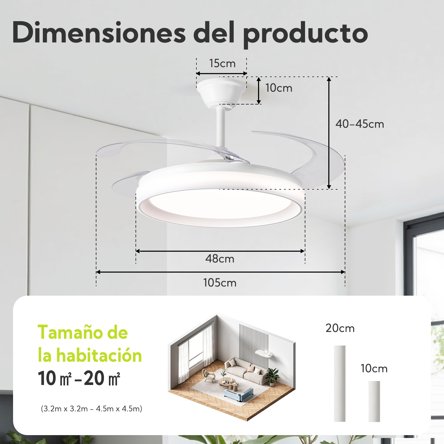 Dimensiones del producto: Ventilador de techo con luz, 48/105cm ancho, 40-45cm alto.