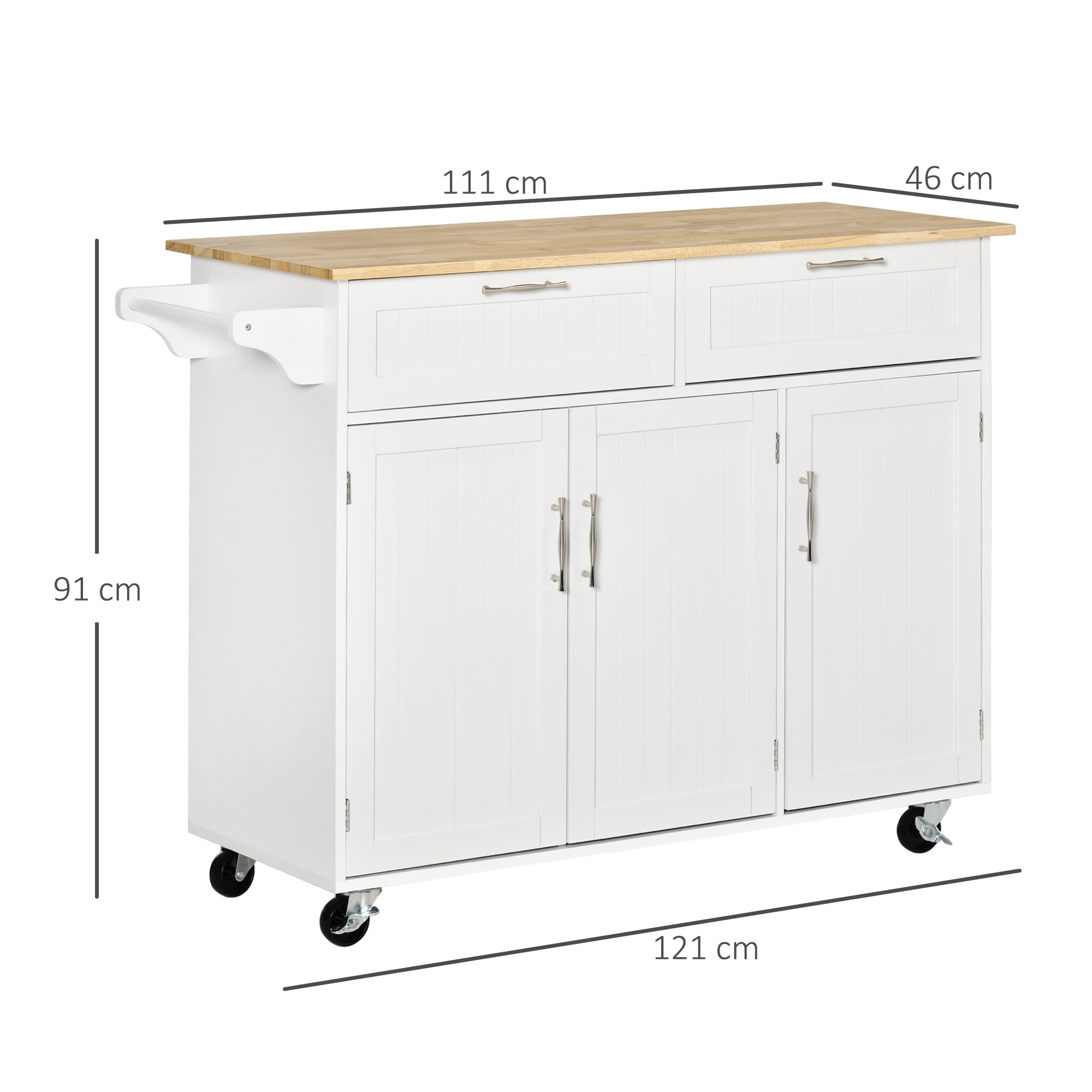 Carrito de cocina blanco con tapa de madera, dos cajones, tres puertas y ruedas.