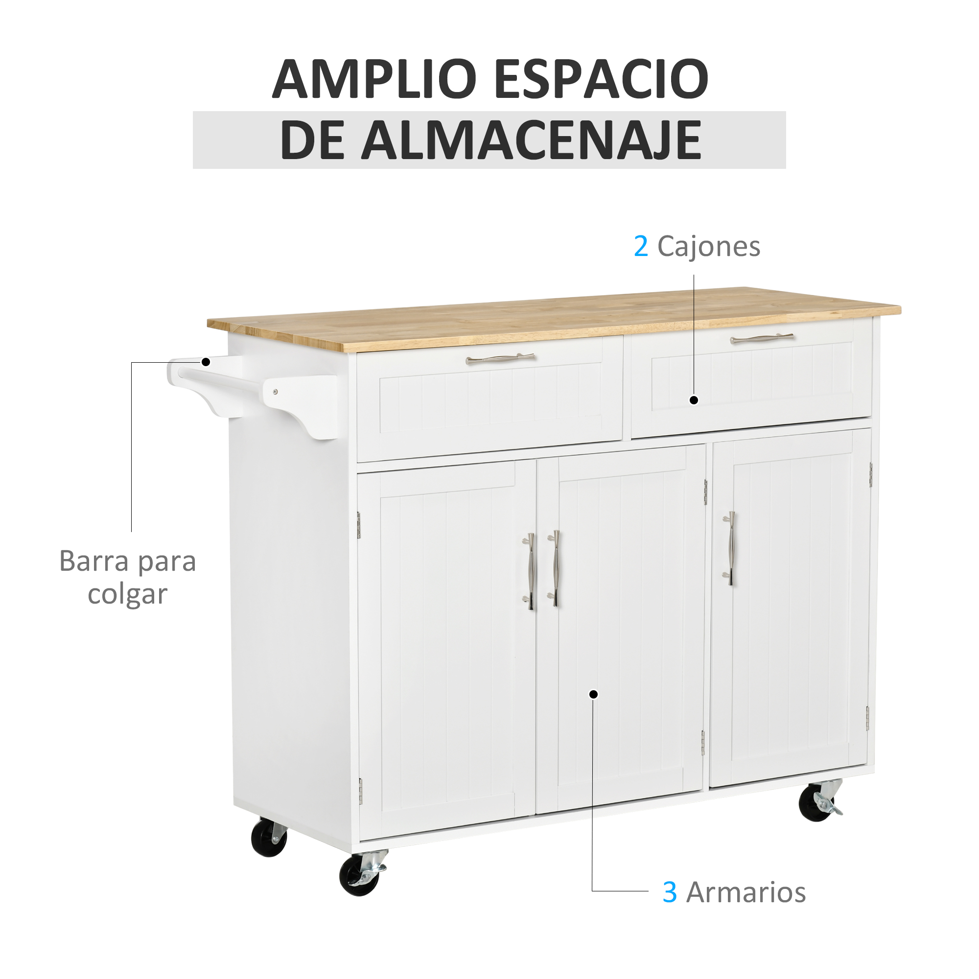 Un carrito de cocina blanco con tapa de madera, 2 cajones, 3 armarios y gancho.