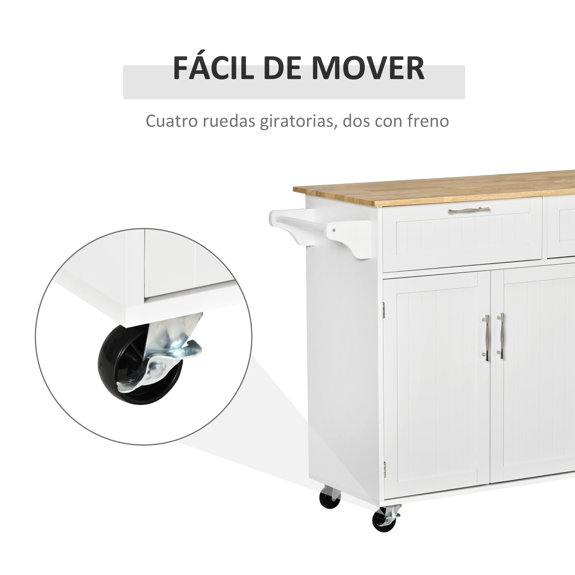 Un carrito de cocina blanco con tapa de madera y ruedas. Primer plano de una rueda.