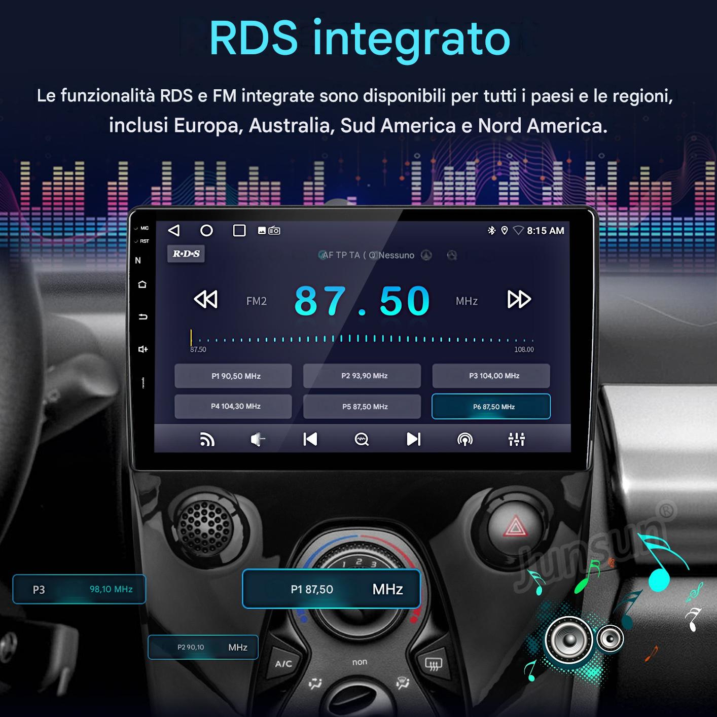 Schermo autoradio mostra integrazione RDS, stazioni radio e note musicali.