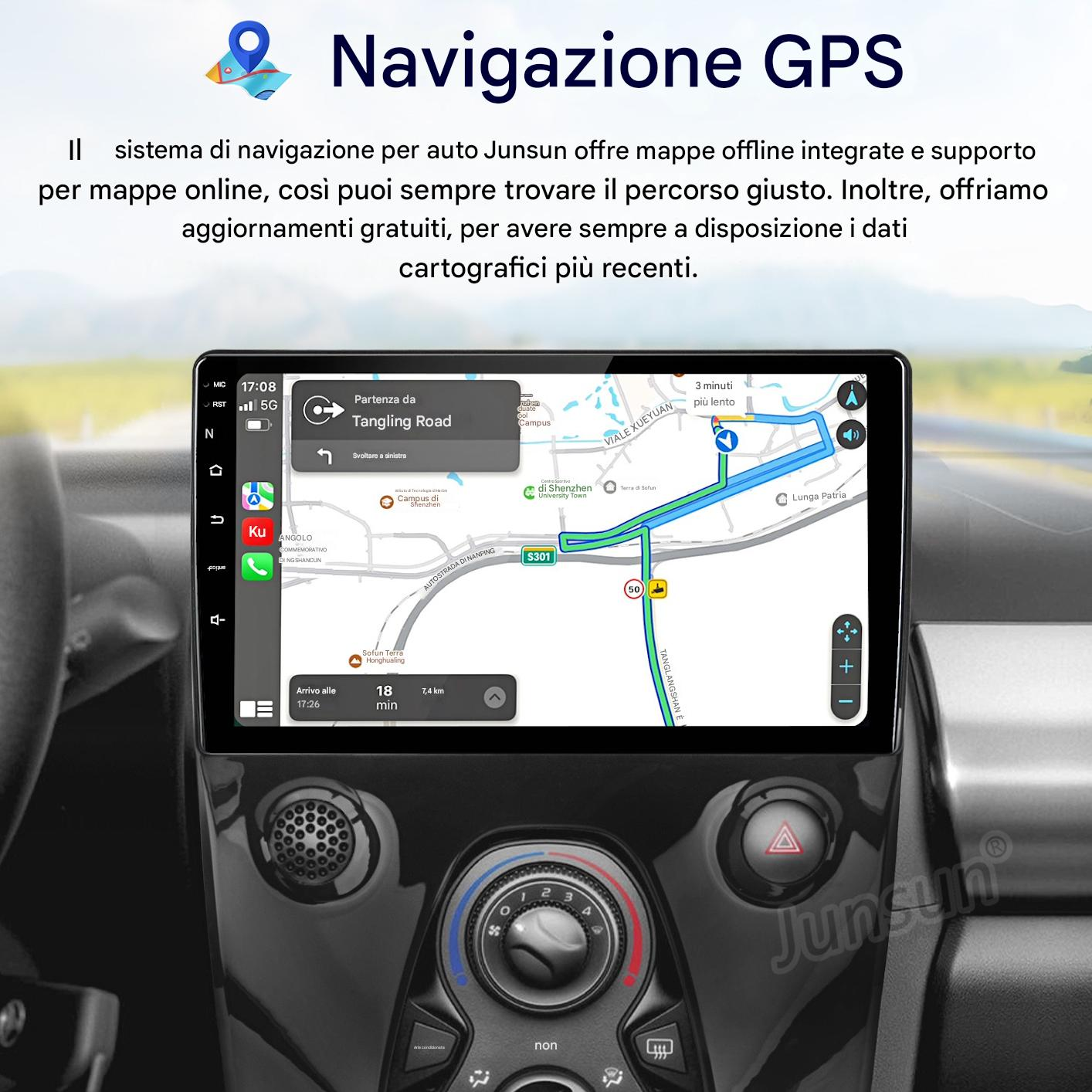 Sistema di navigazione auto con mappa, percorso, ora e distanza. Logo Junsun.