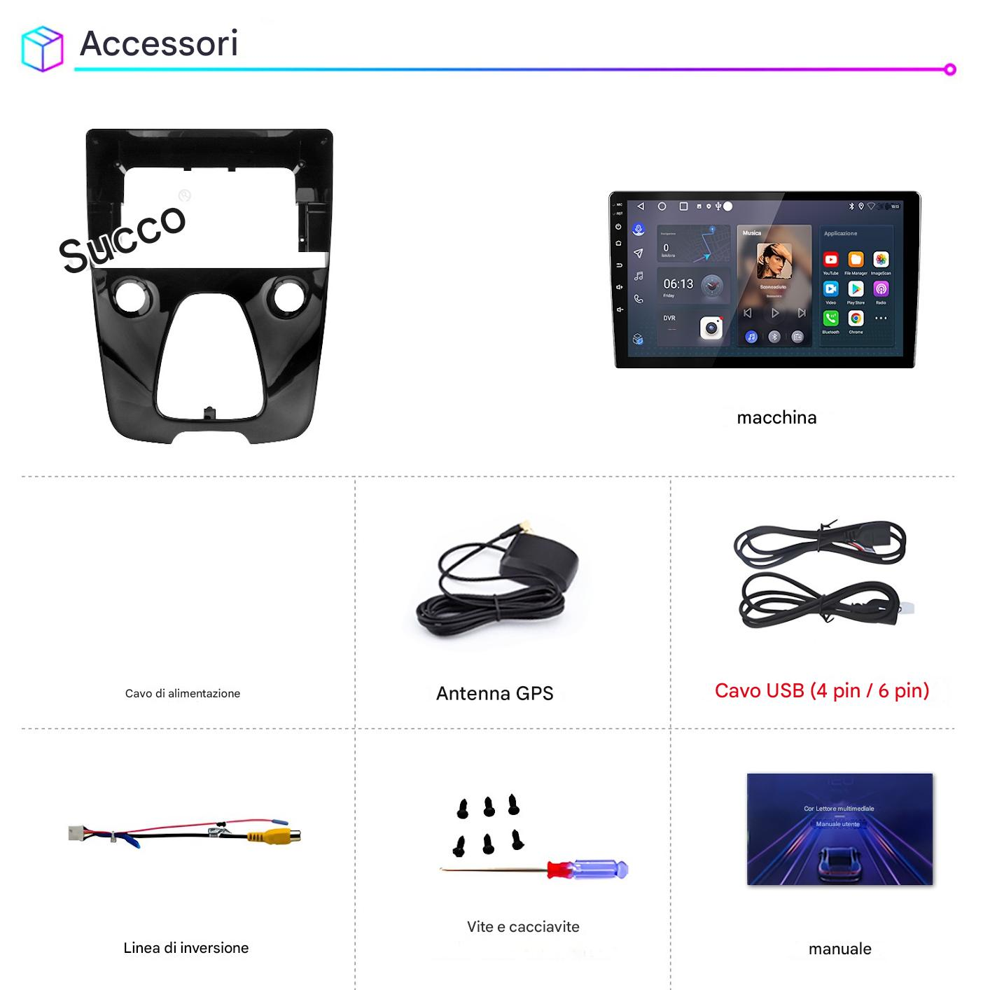 Accessori: Kit cruscotto, display autoradio, cavo alimentazione, antenna GPS, cavo USB, cavo retrocamera, viti, manuale.