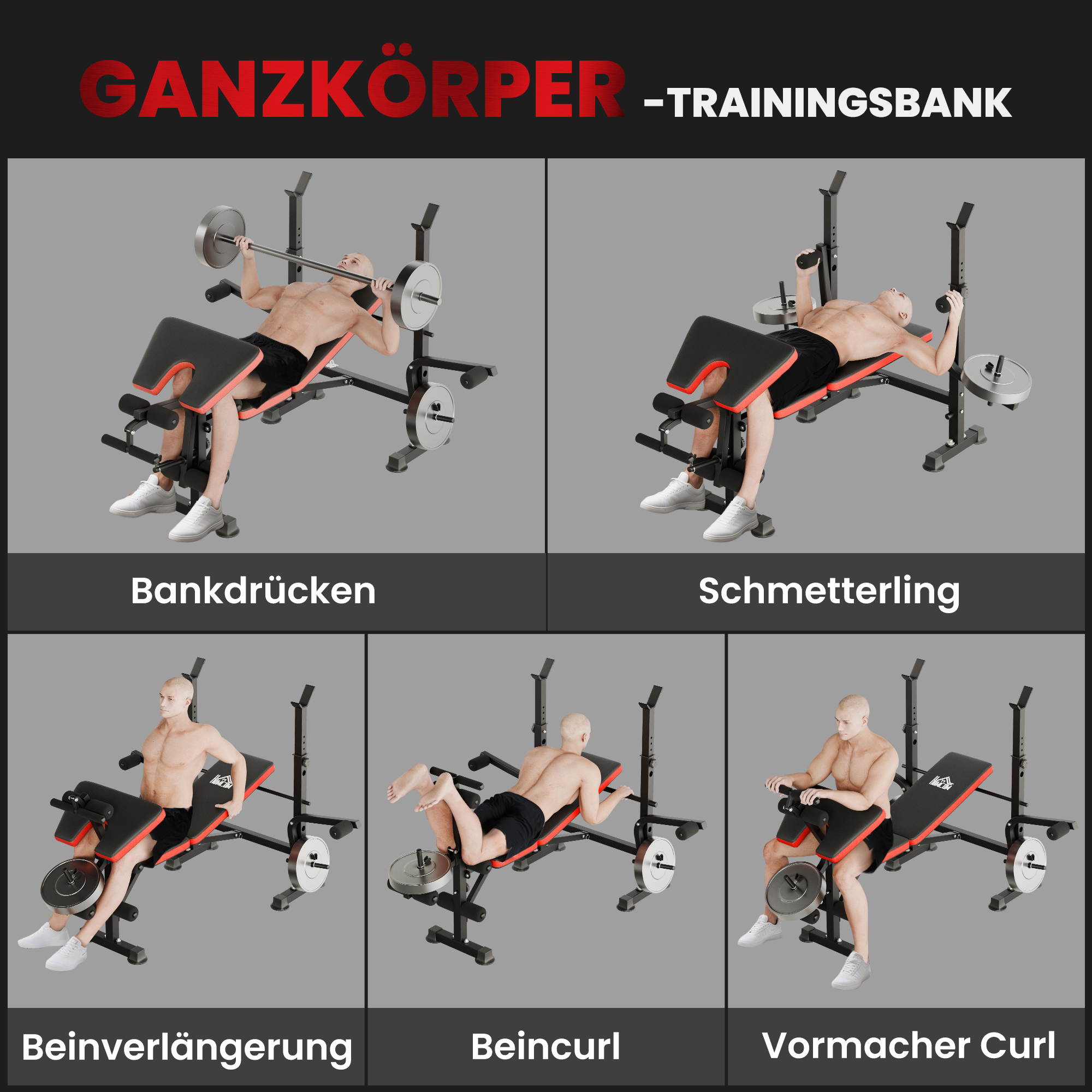 Mann hebt Langhantel auf Trainingsbank, Beinbeuger, Beinstrecker & Butterfly-Übung.