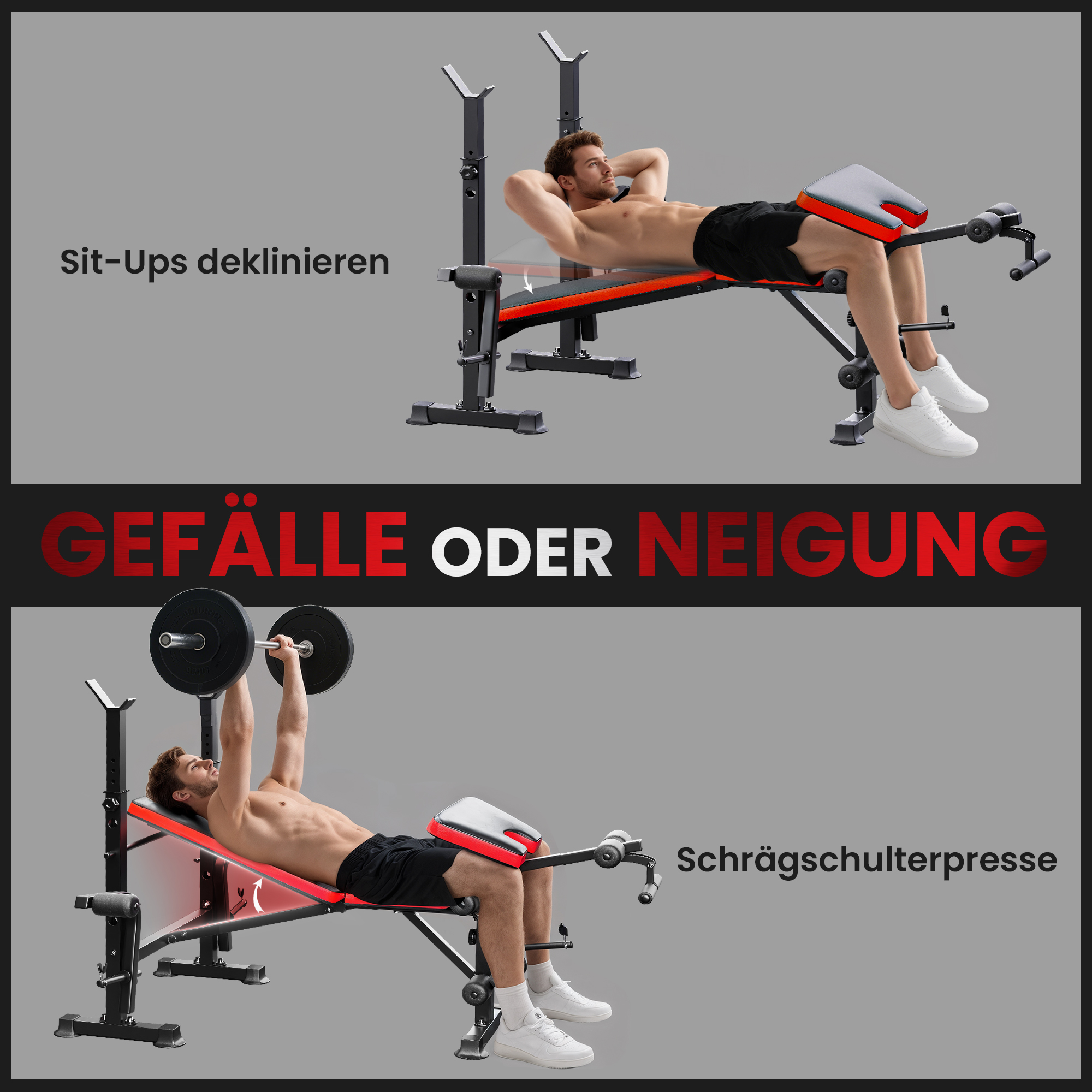 Mann macht Sit-ups auf verstellbarer Hantelbank; Mann macht Schrägschulterpresse.