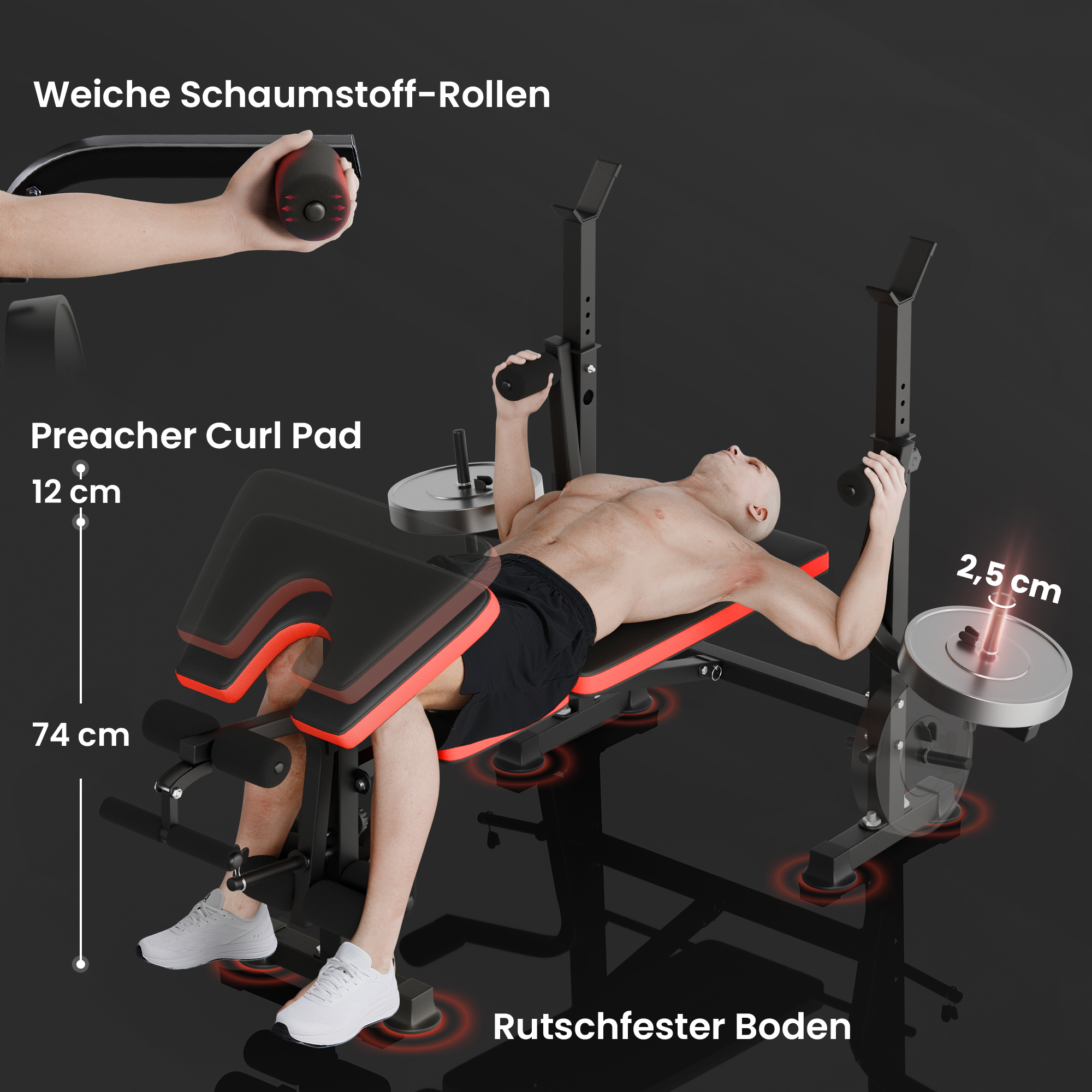 Ein Mann trainiert auf einer Hantelbank mit weichen Rollen und einem Preacher Curl Pad.