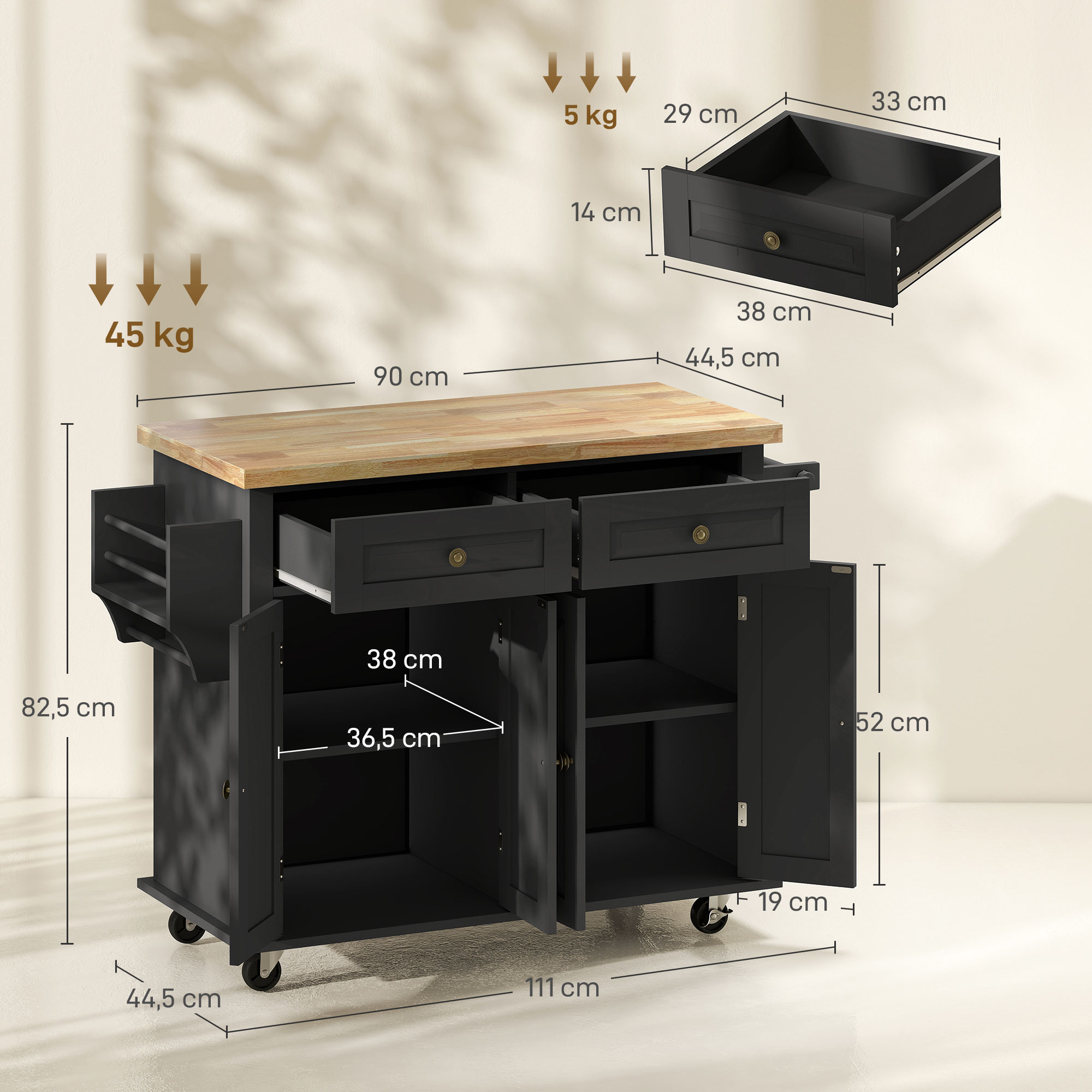 Carro de cocina negro con tapa de madera, cajones, puertas y ruedas. Se muestran las dimensiones.