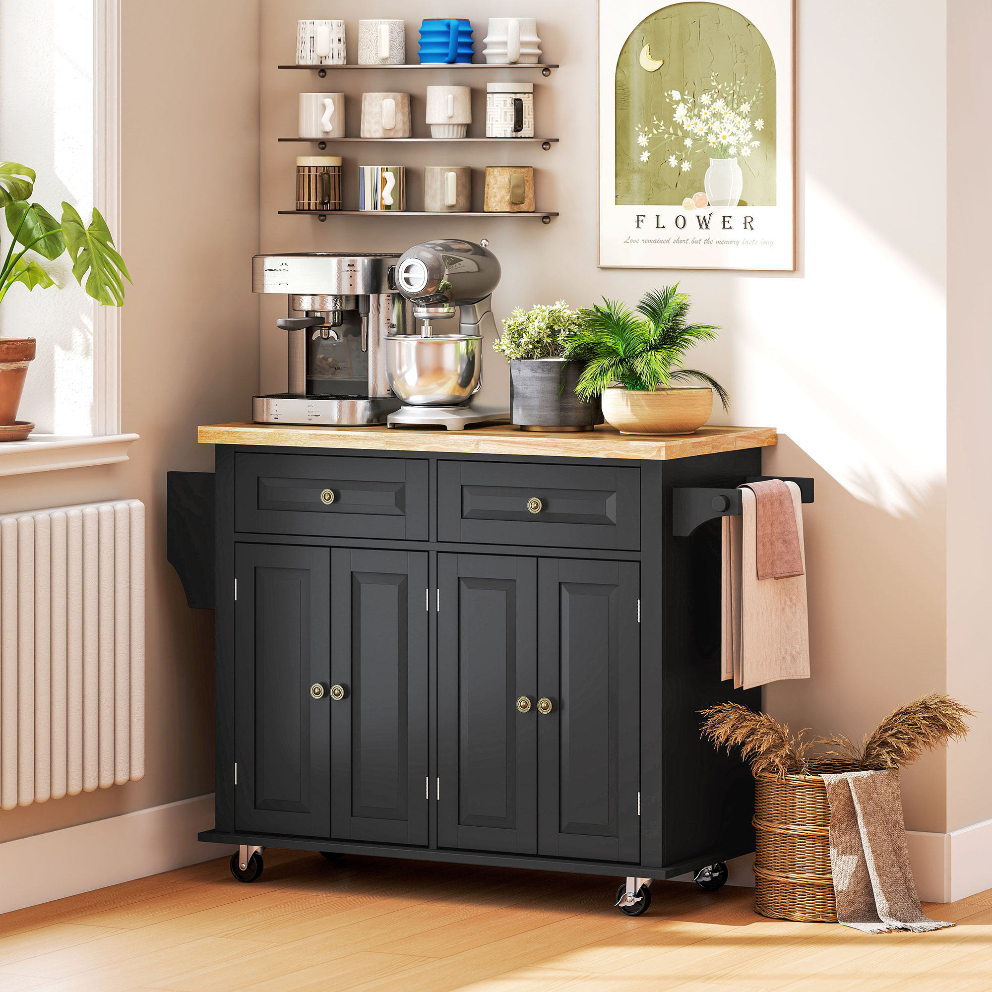 Carro de cocina negro con tapa de madera, cafetera, batidora y plantas.