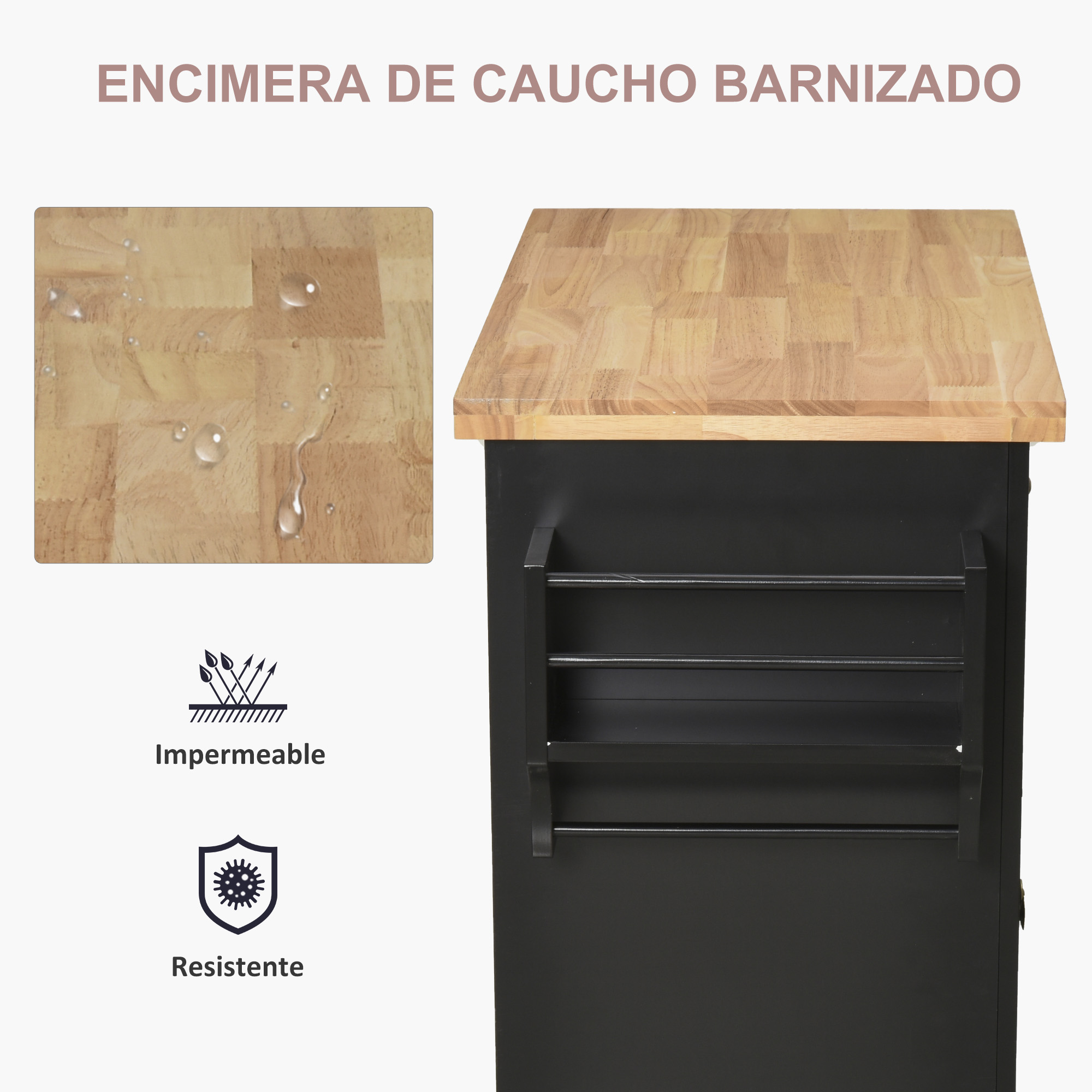 Encimera de madera con gotas de agua y un mueble negro con estantes.