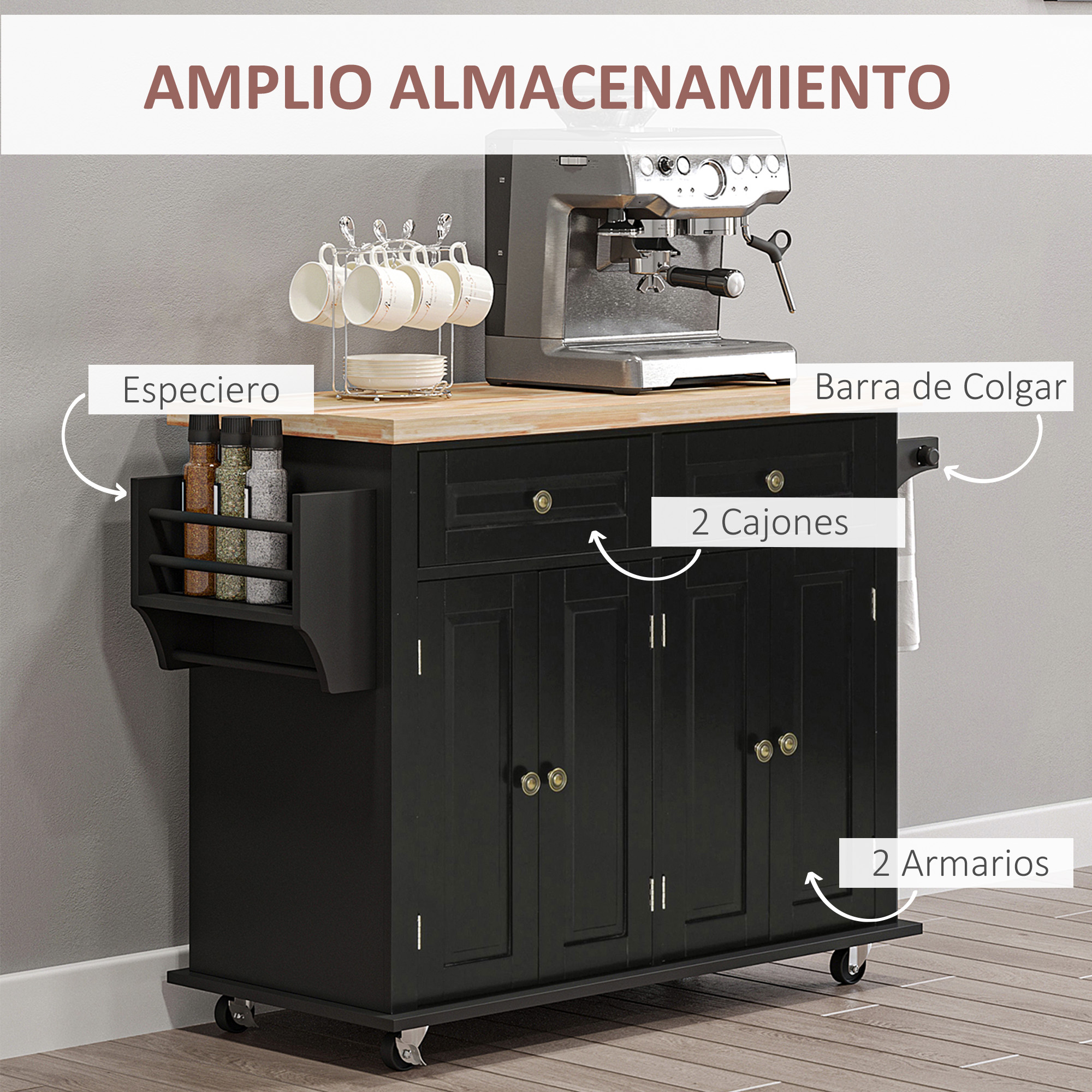 Carro de cocina negro con máquina de espresso, tazas y especiero.