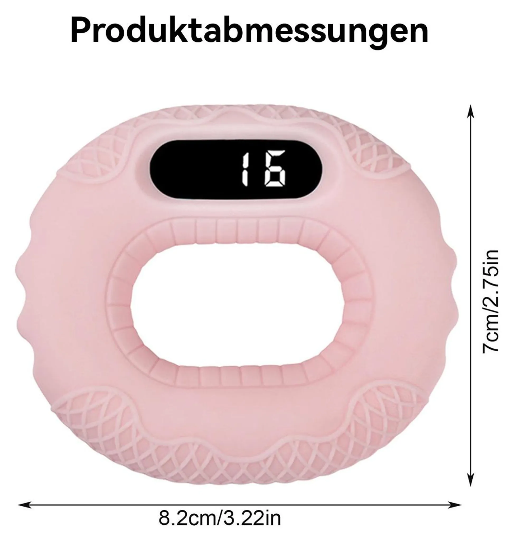 Ein rosa Handtrainer mit schwarzem Display, das 16 anzeigt.