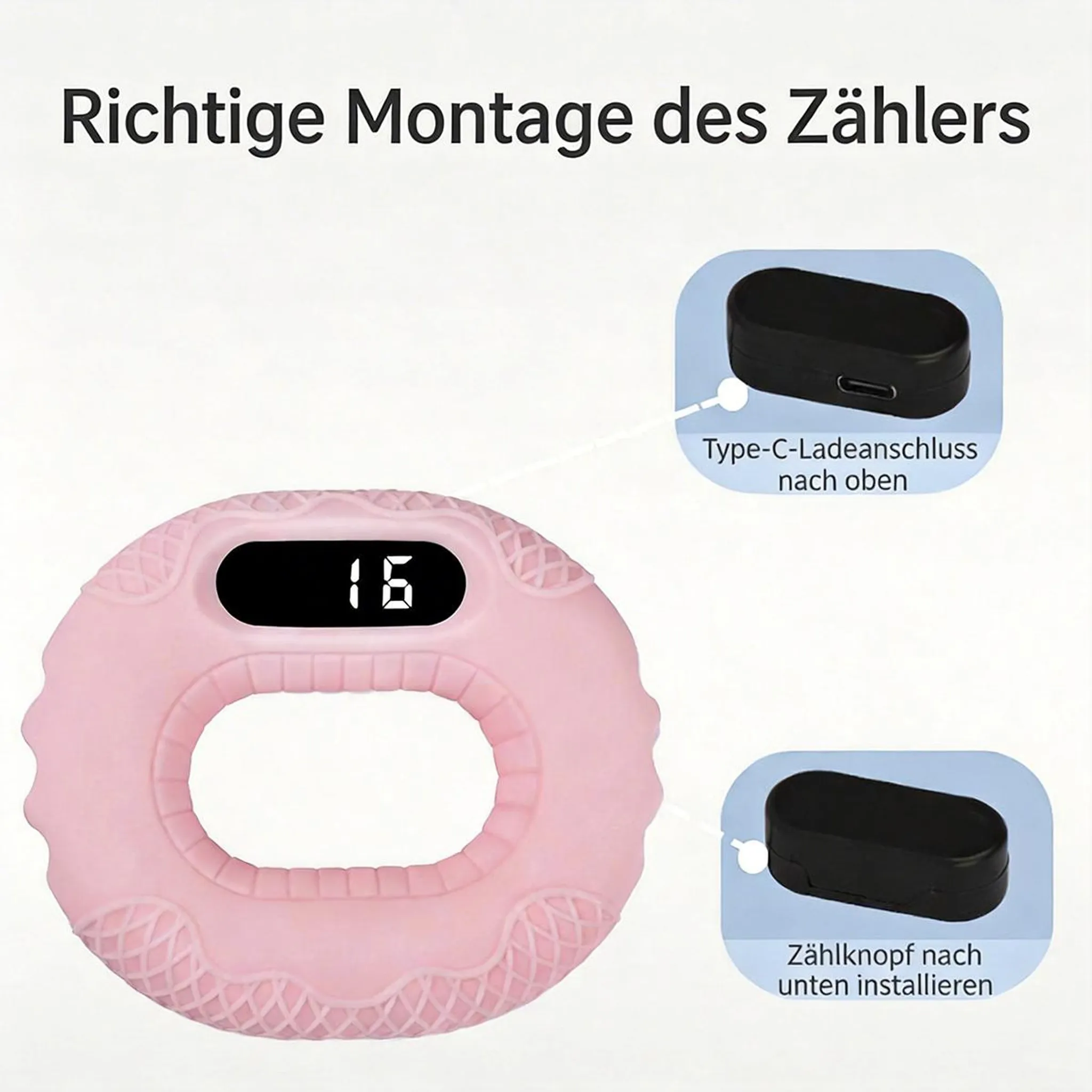 Ein rosa Handtrainer mit schwarzem Display und zwei schwarzen Kleinteilen.