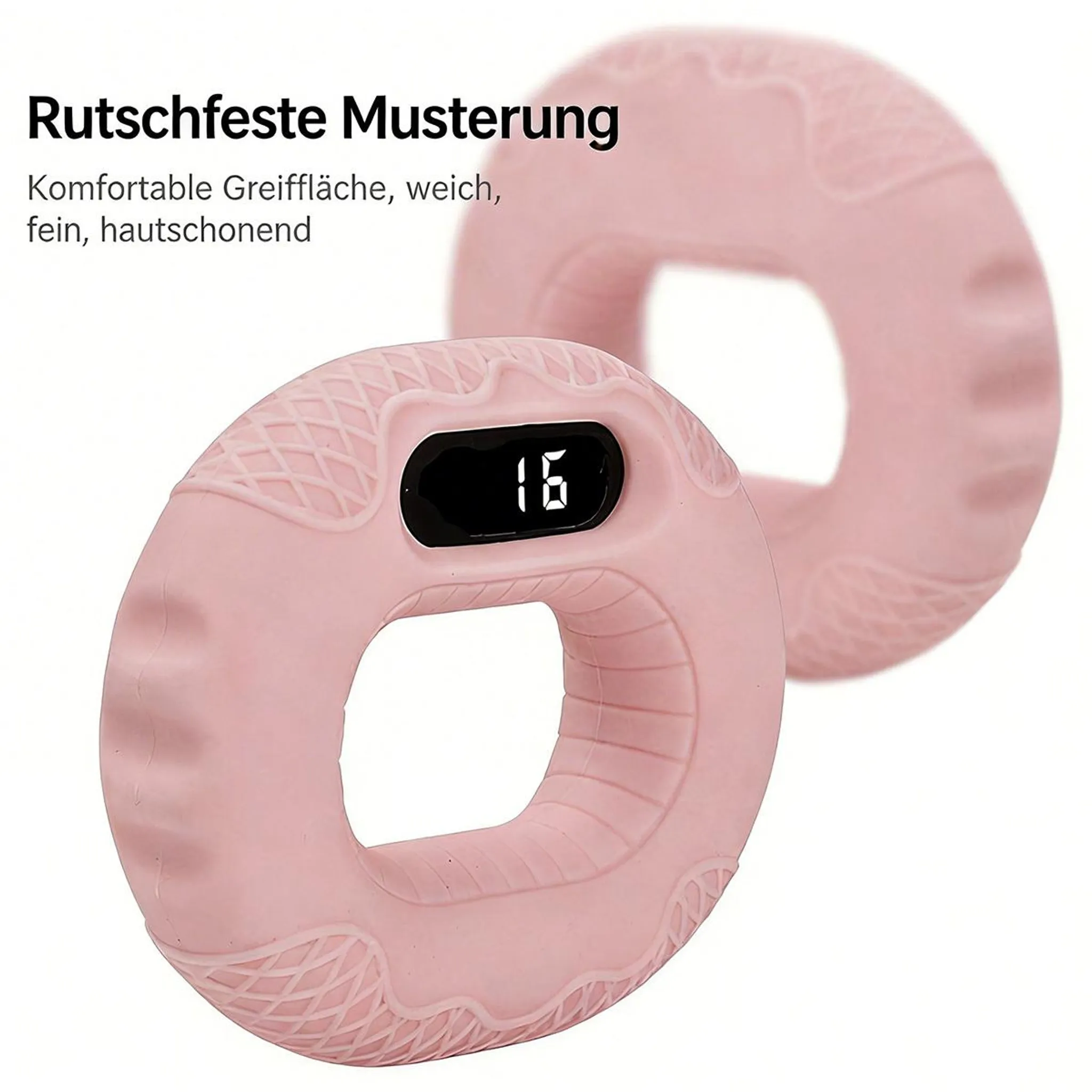 Zwei rosafarbene Handtrainer mit digitaler Anzeige. Rutschfest.