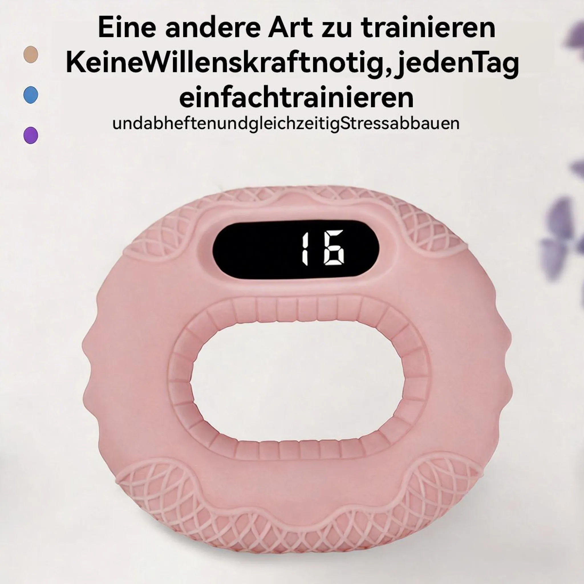 Ein rosafarbener Handtrainer mit digitaler Anzeige zeigt 16.