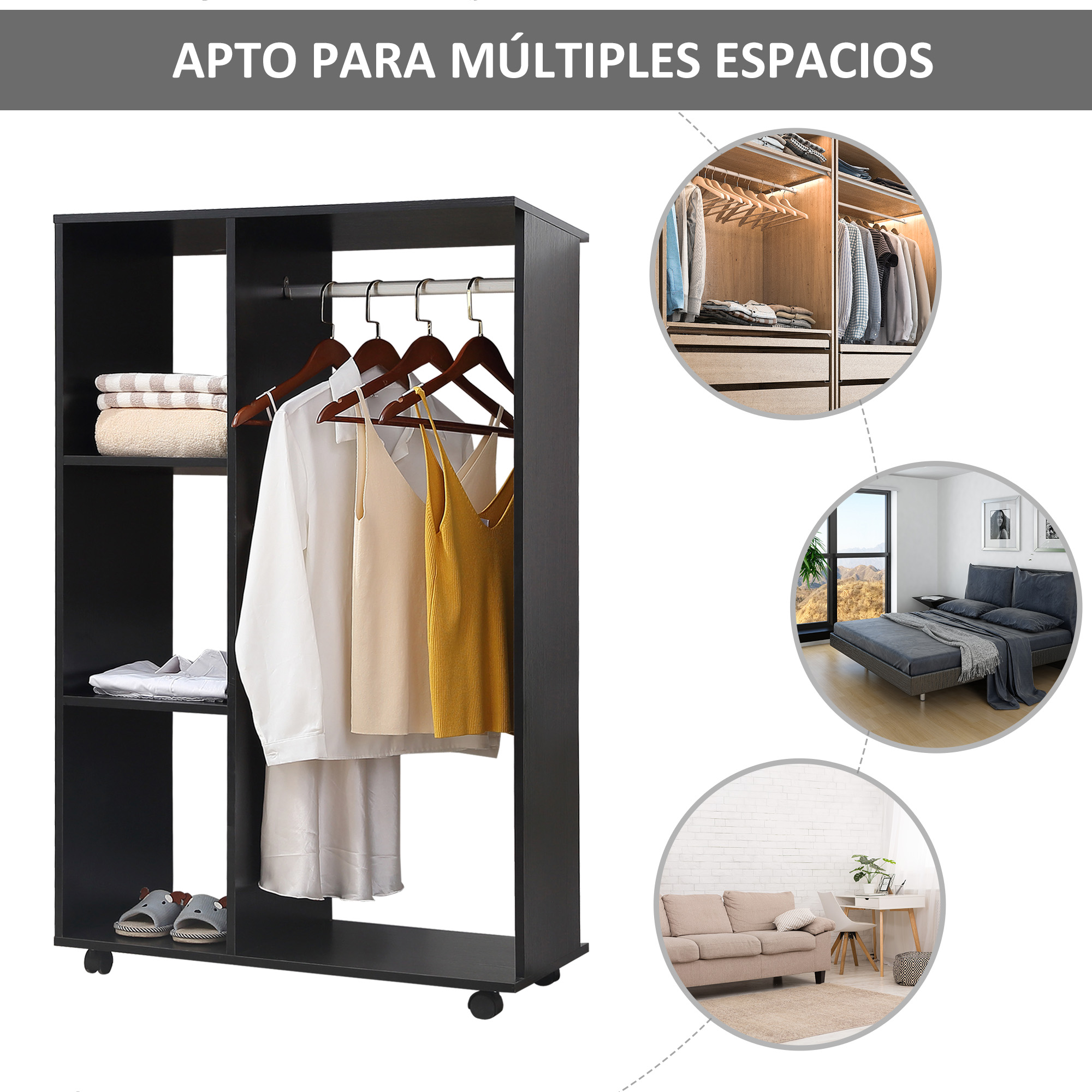 Armario negro con ropa, cama y sofá.
