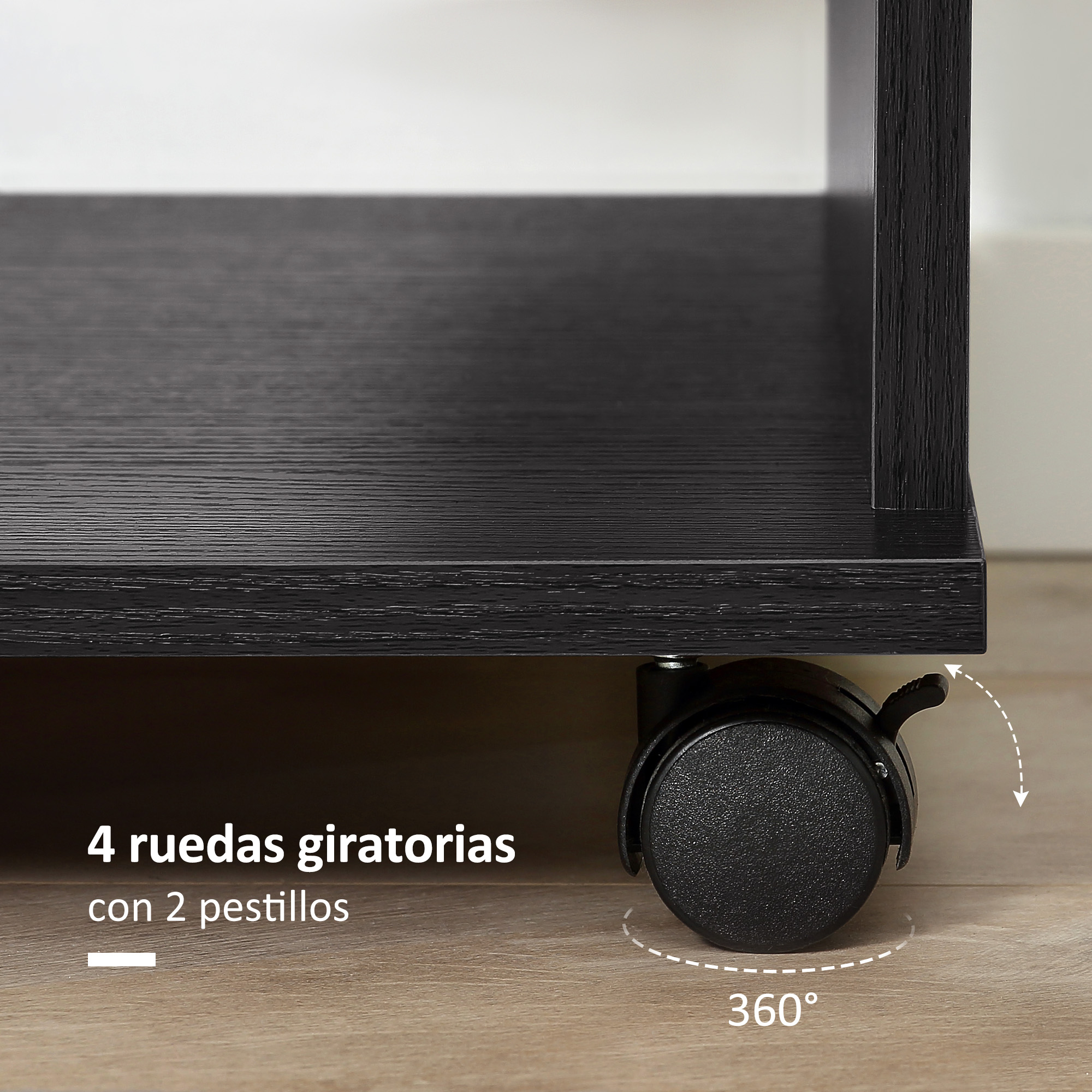 Carrito negro con 4 ruedas giratorias, 2 con freno.