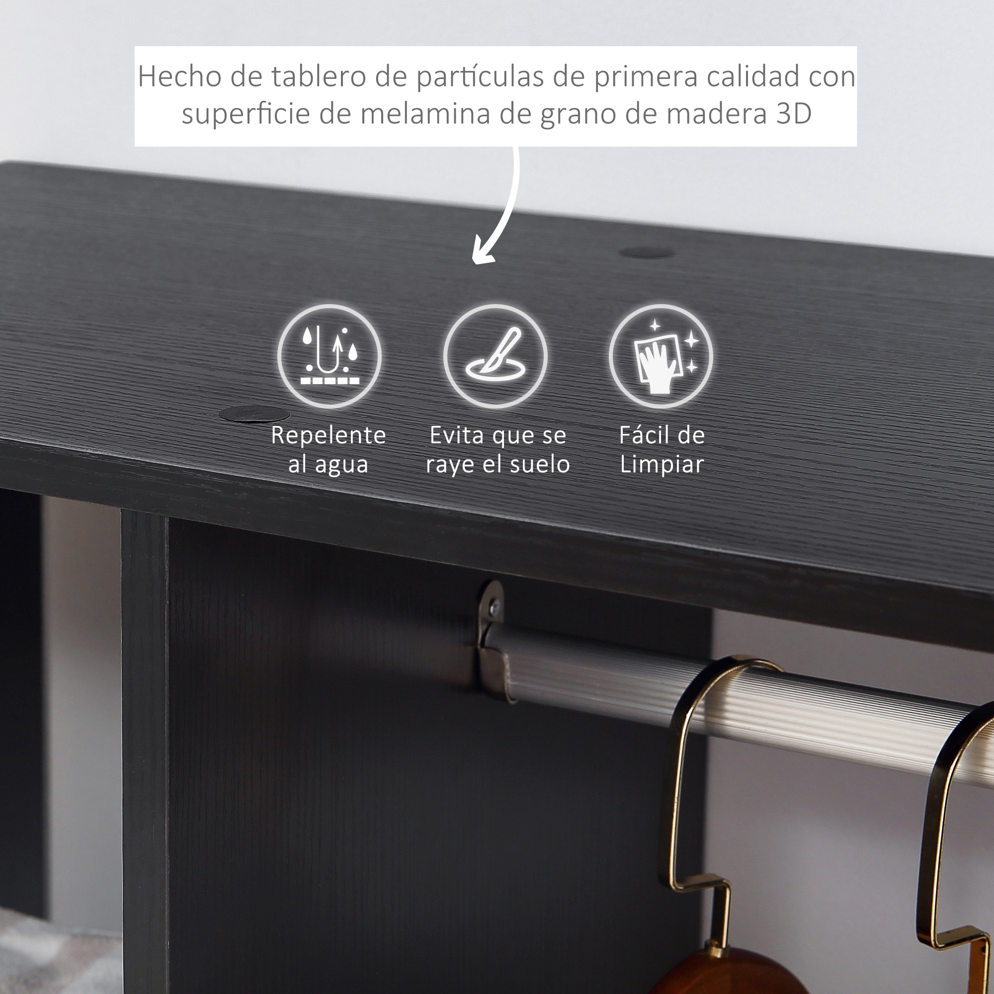 Estante de aglomerado negro con melamina 3D veteada. Repelente al agua.