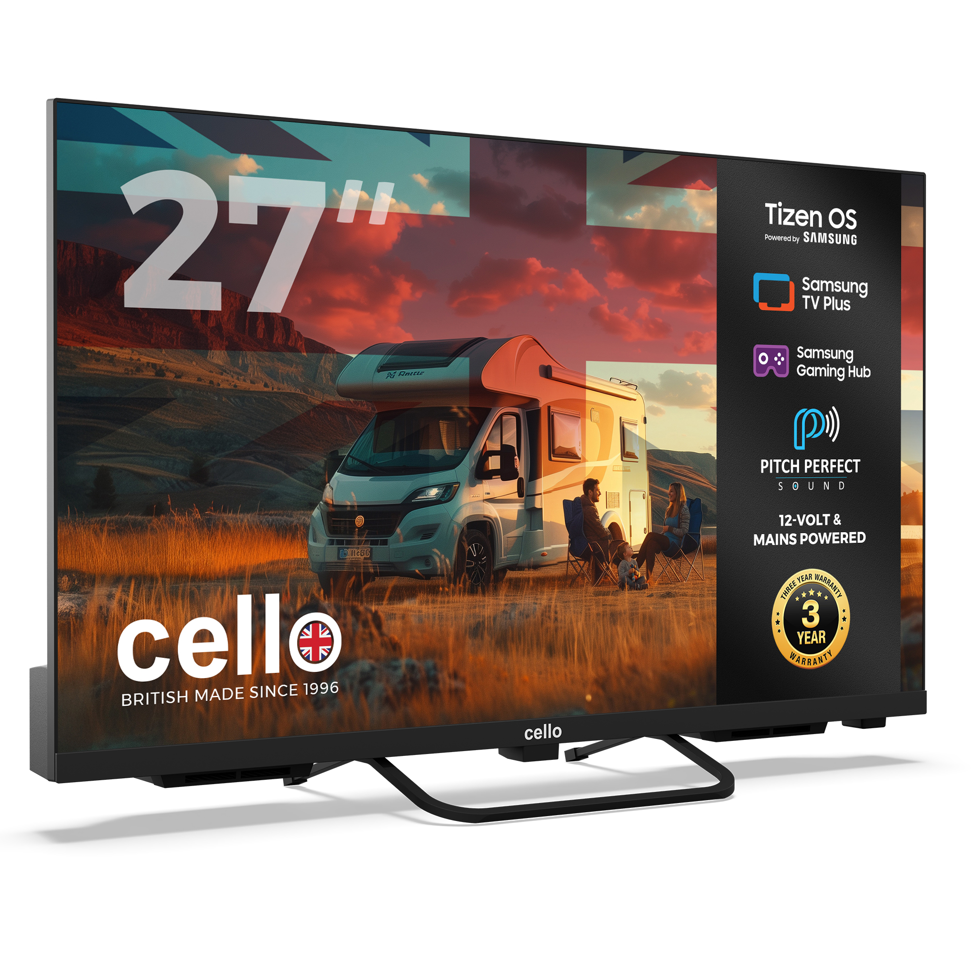 Televisor de 27 pulgadas con escena de autocaravana, Union Jack y funciones Samsung.