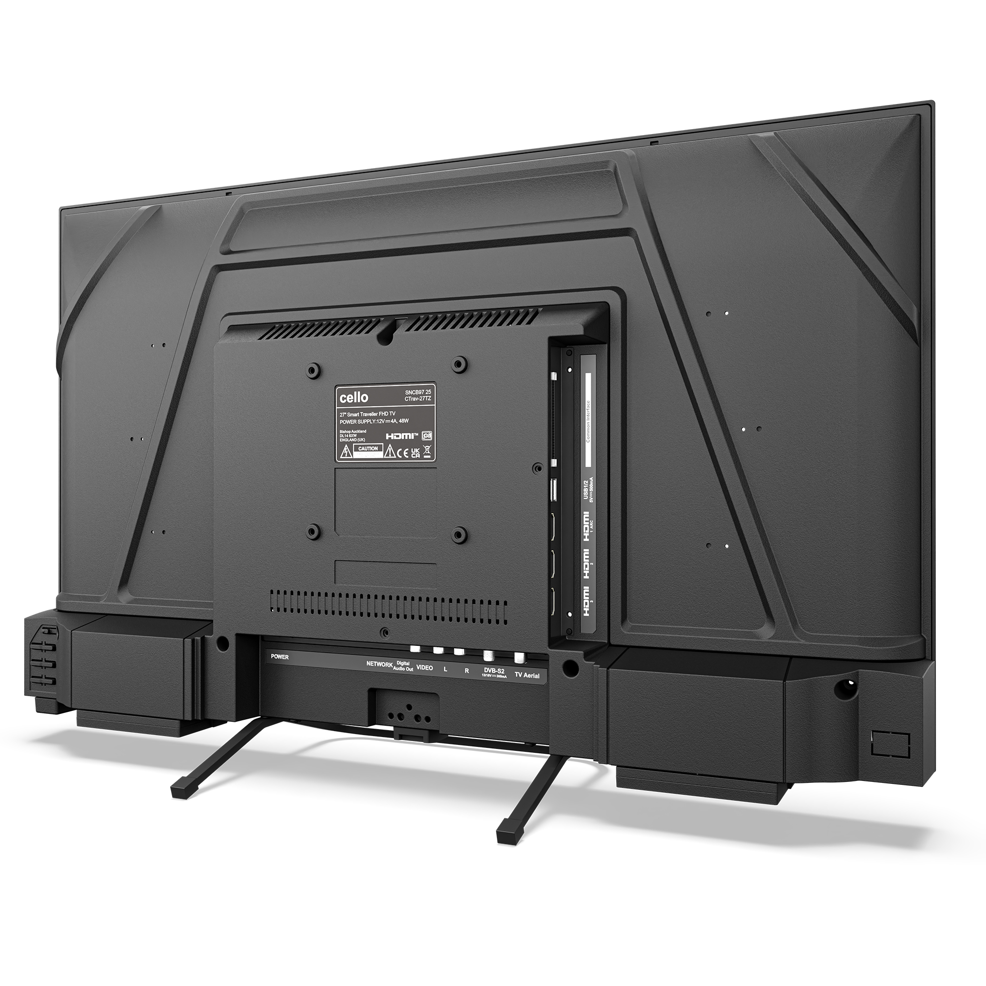 Reverso de un televisor negro mostrando puertos, soporte y etiqueta.