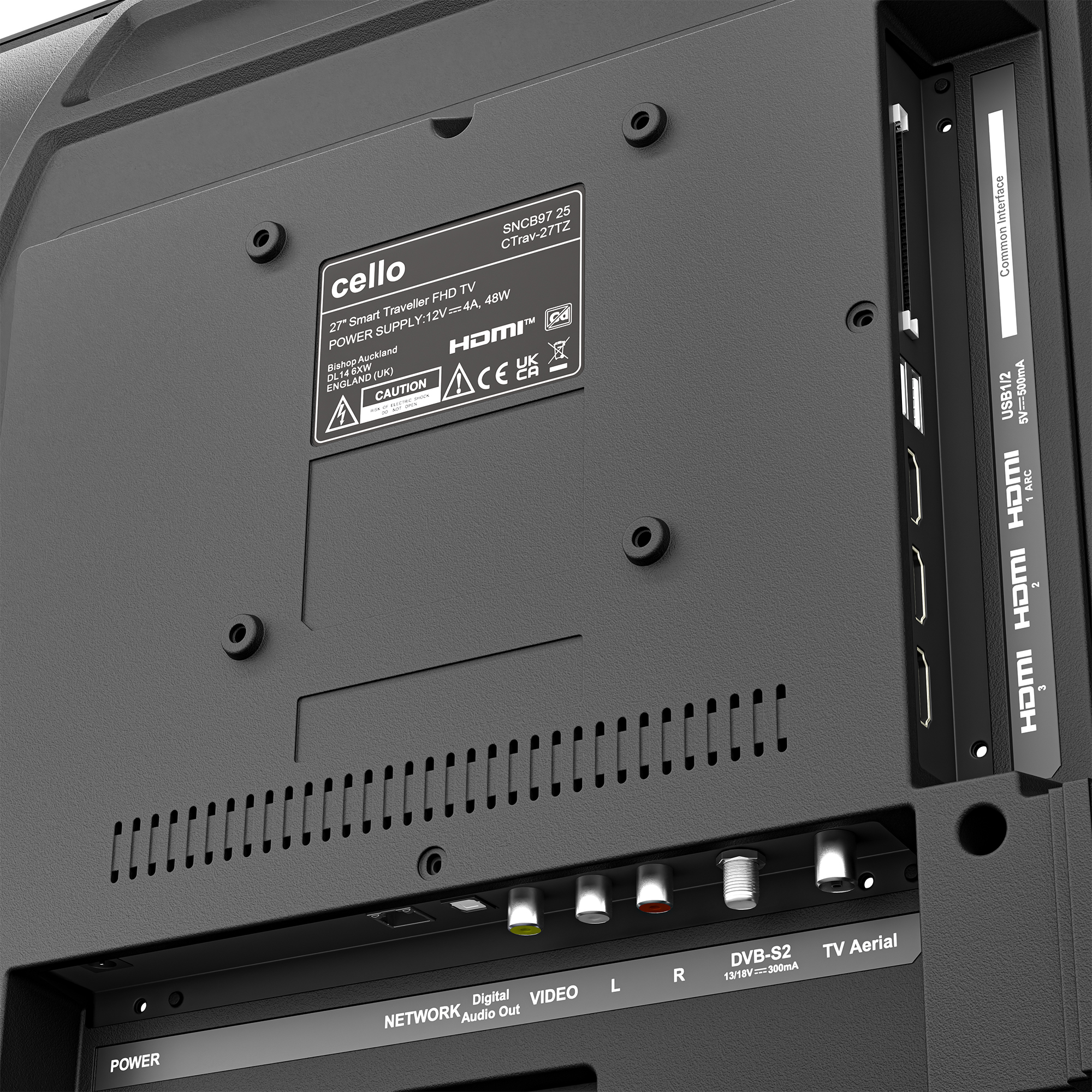 Parte trasera de un televisor con puertos: HDMI, USB, alimentación y antena.