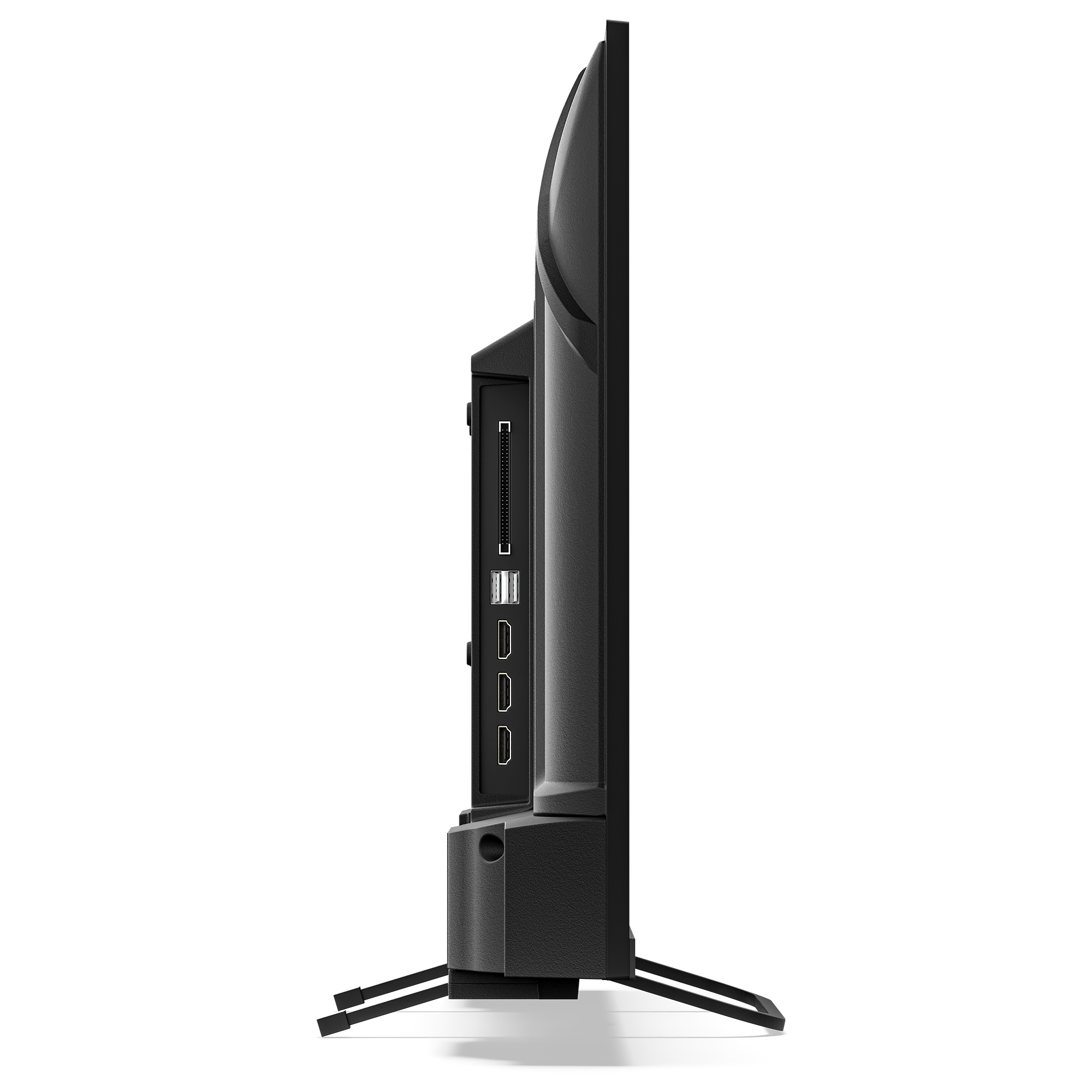 Televisor negro de perfil con puertos y patas de soporte.