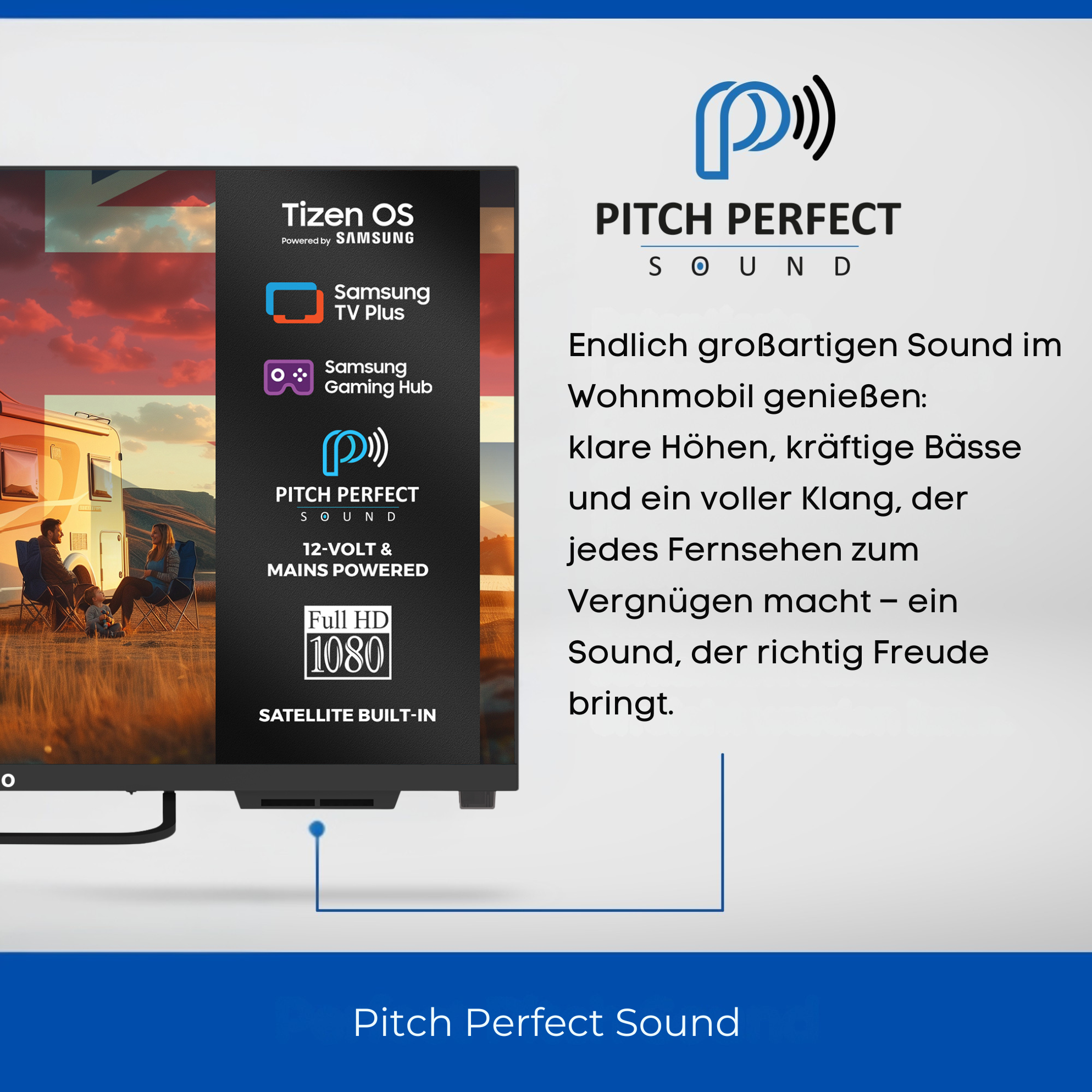 Ein Fernseher mit Tizen OS, Samsung TV Plus, Gaming Hub und Pitch Perfect Sound.