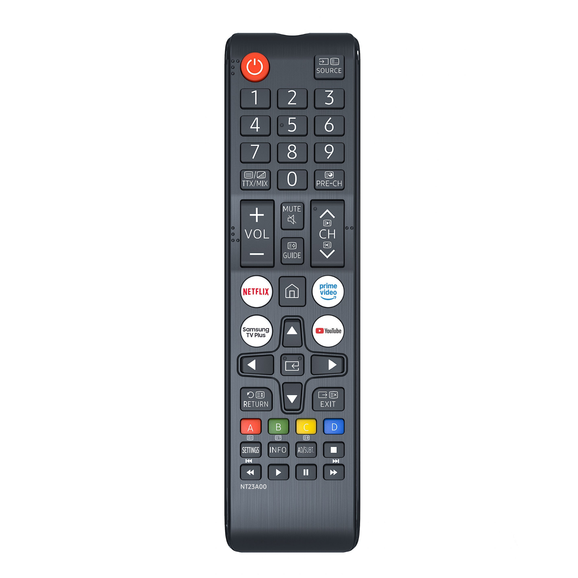 Eine dunkelgraue TV-Fernbedienung mit nummerierten Tasten, App-Verknüpfungen und Navigationssteuerelementen.