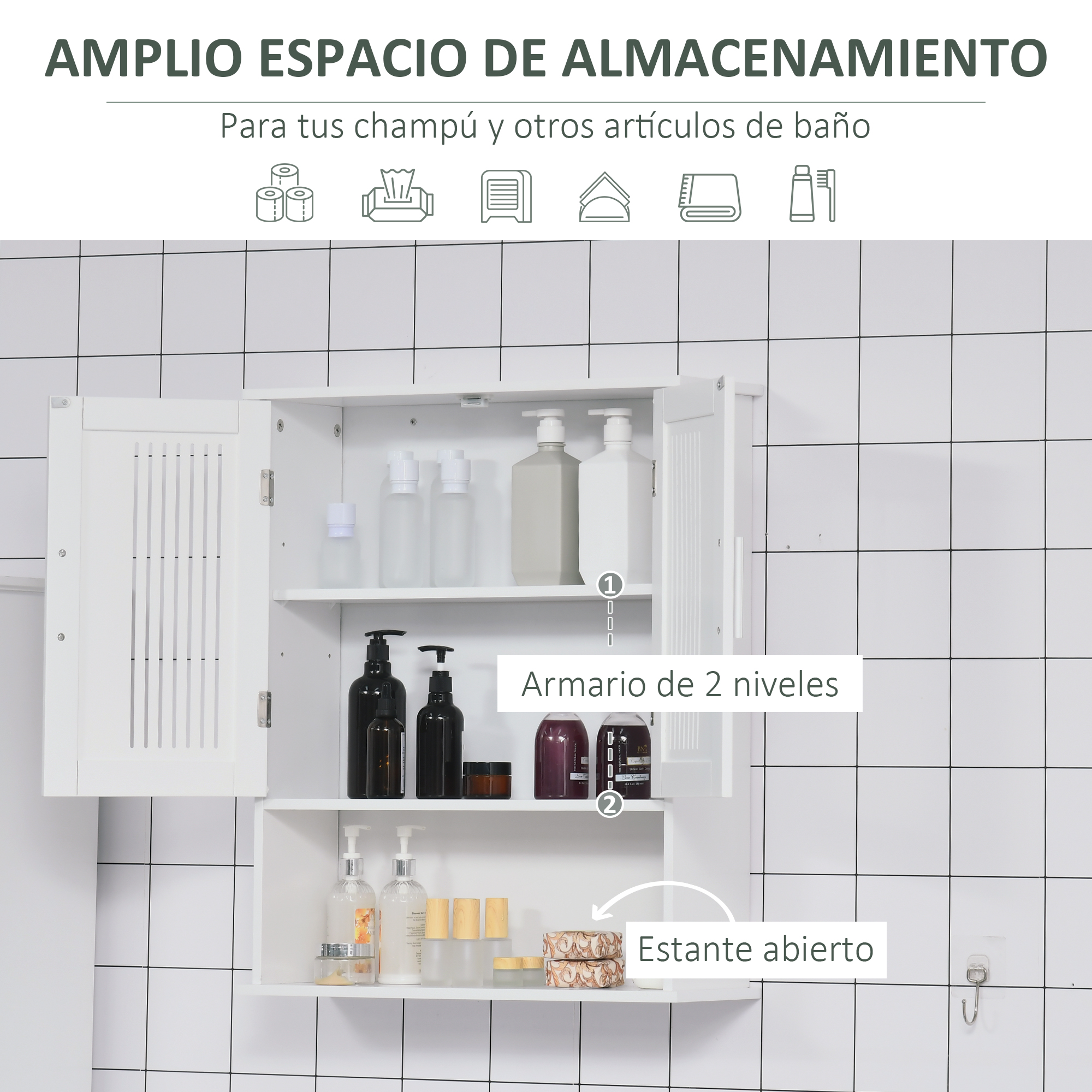 Un mueble de baño blanco con estantes abiertos y cerrados, lleno de botellas.