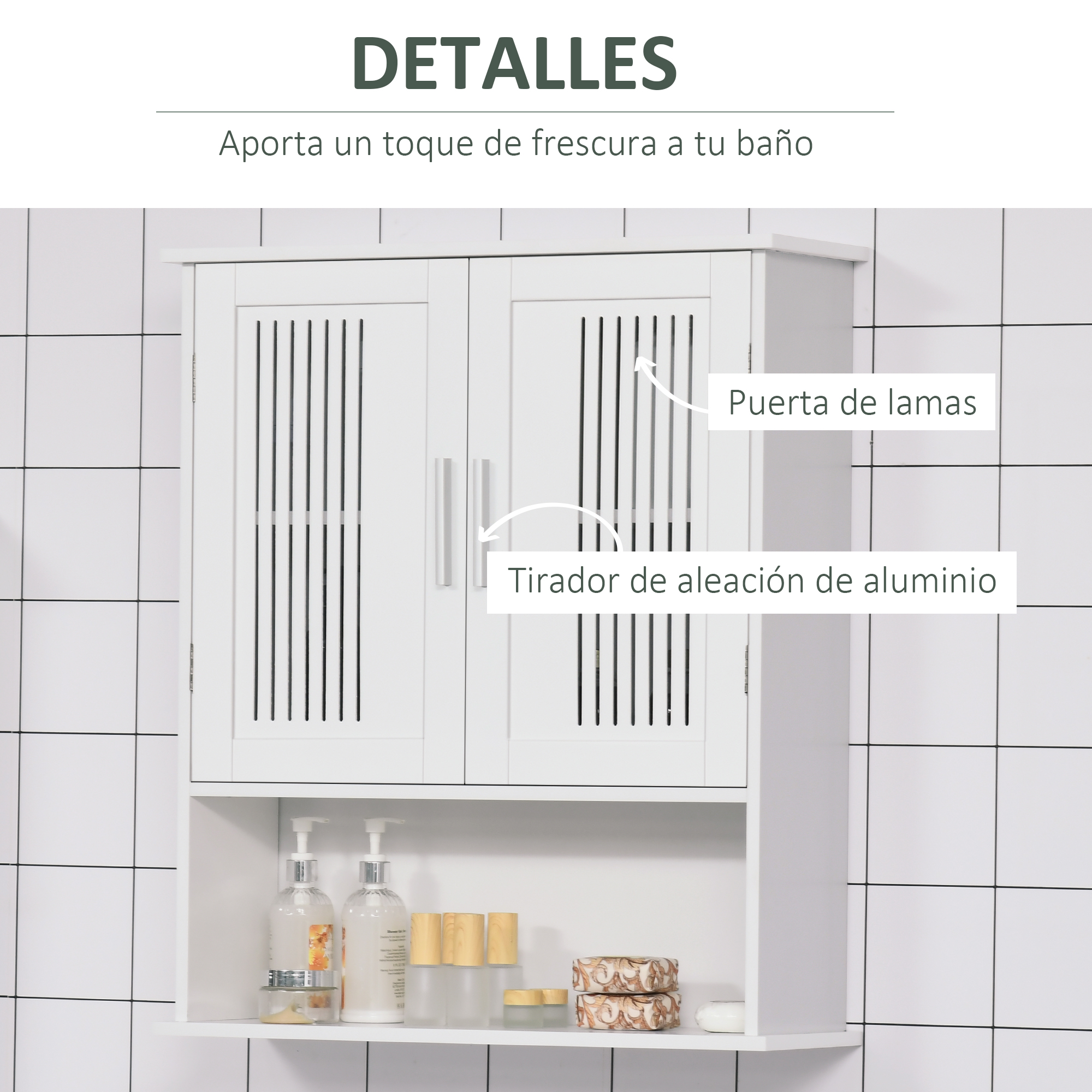 Gabinete de baño blanco con puertas de lamas y tirador de aluminio.