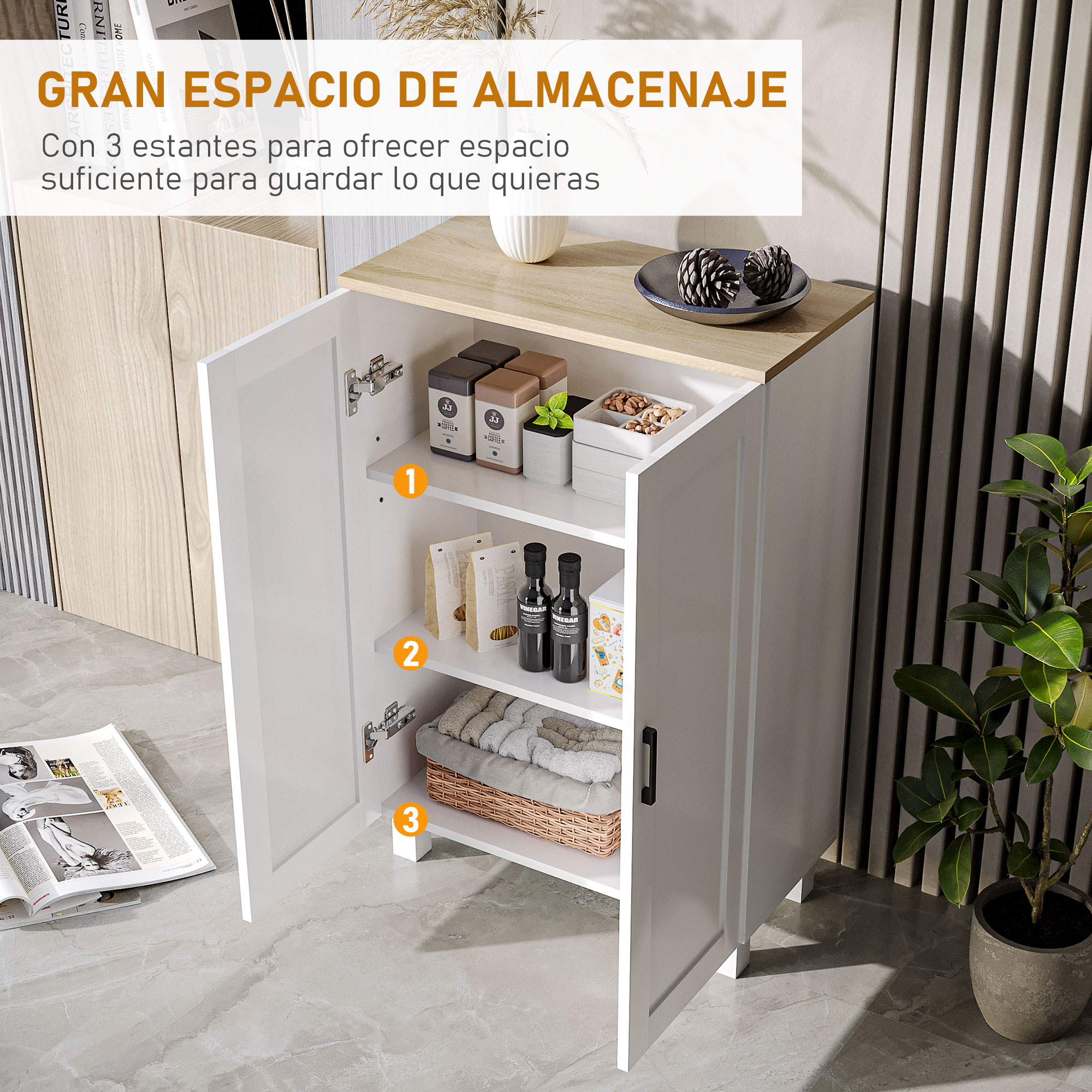 Armario blanco con tres estantes llenos de contenedores, botellas y ropa.