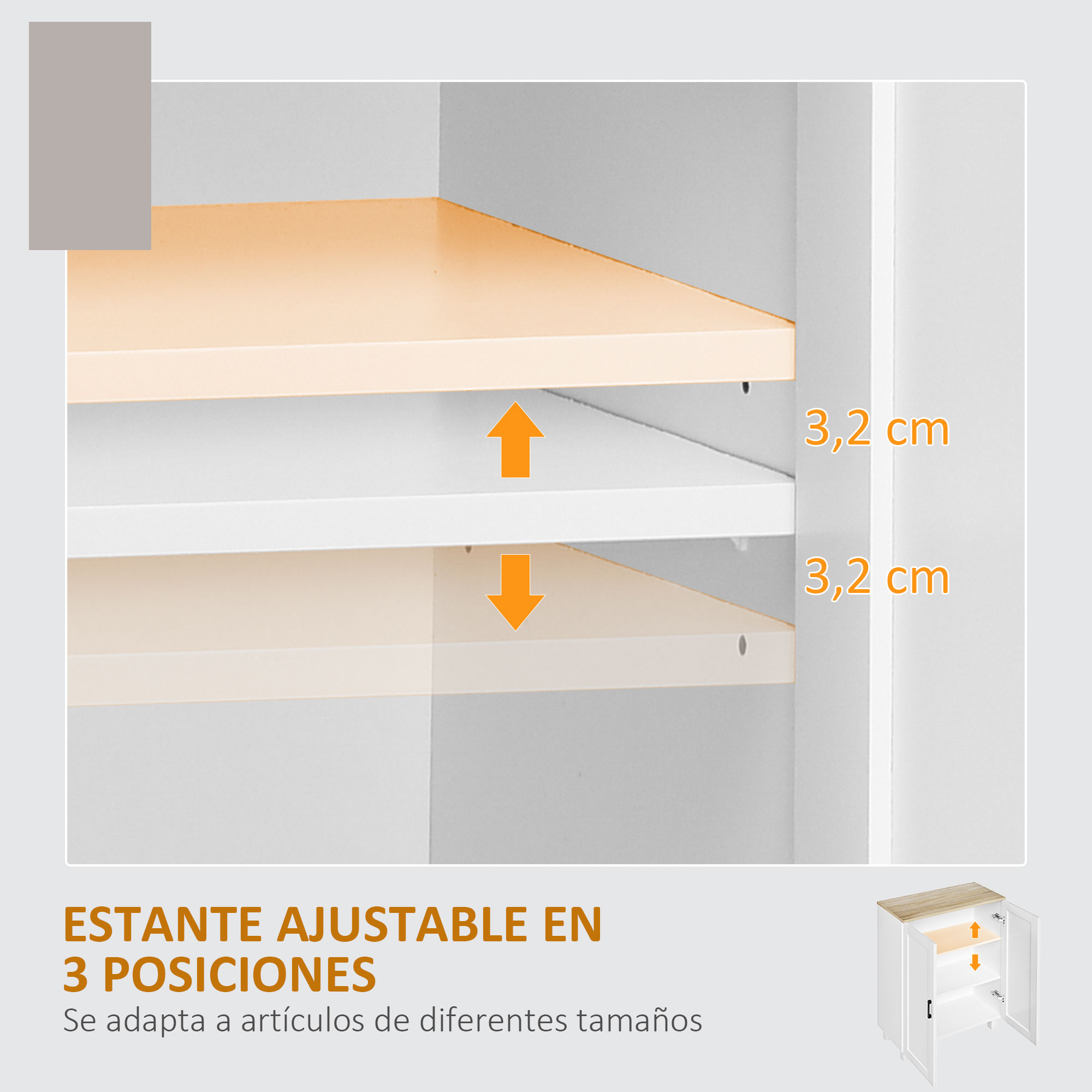 Estante ajustable en 3 posiciones, 3,2 cm. Mueble blanco con puertas abiertas.