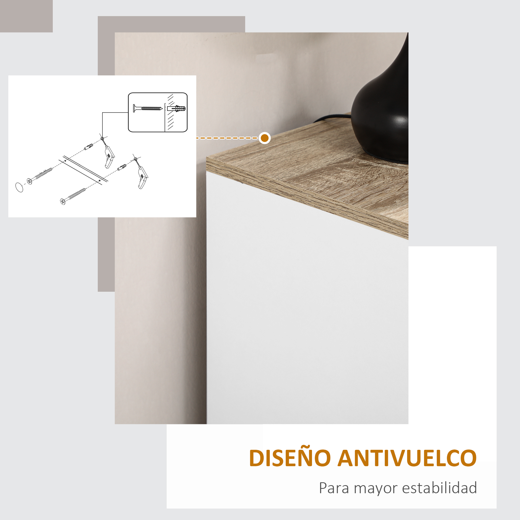 Instrucciones de herrajes antivuelco: Tornillos y tacos para pared.