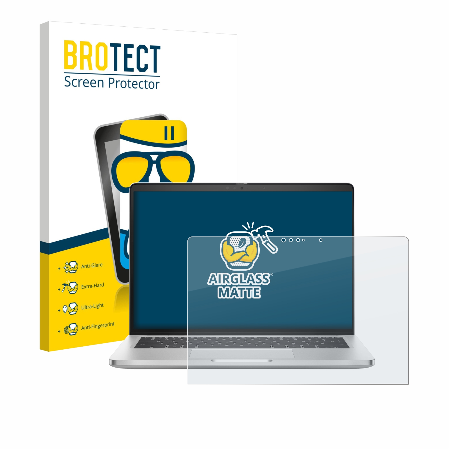 Laptop mit Bildschirmschutzfolie und Verpackung. Merkmale: Anti-Glare, Extra-Hard, Ultra-Light, Anti-Fingerprint.