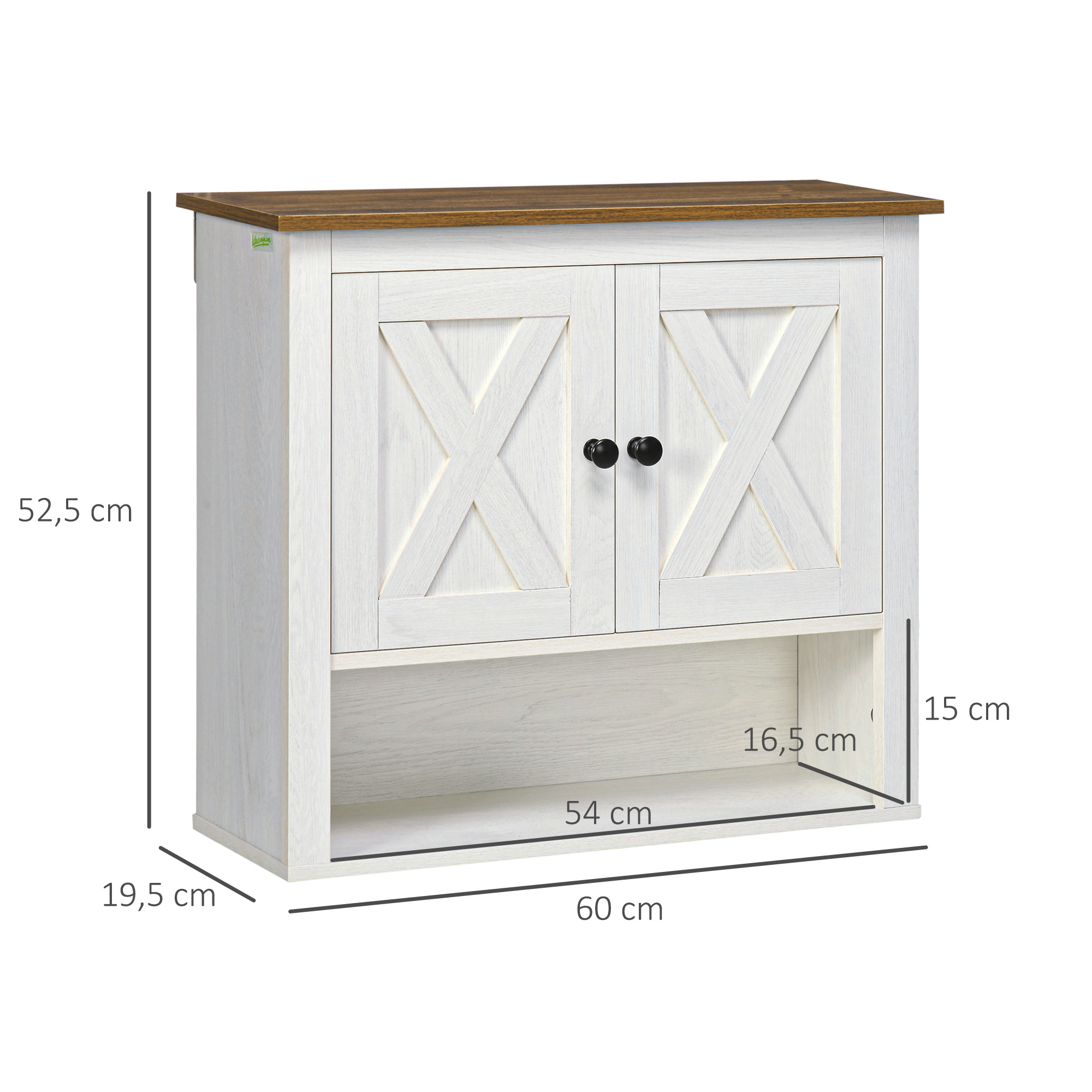 Un mueble de pared blanco con detalles de madera y dos puertas.