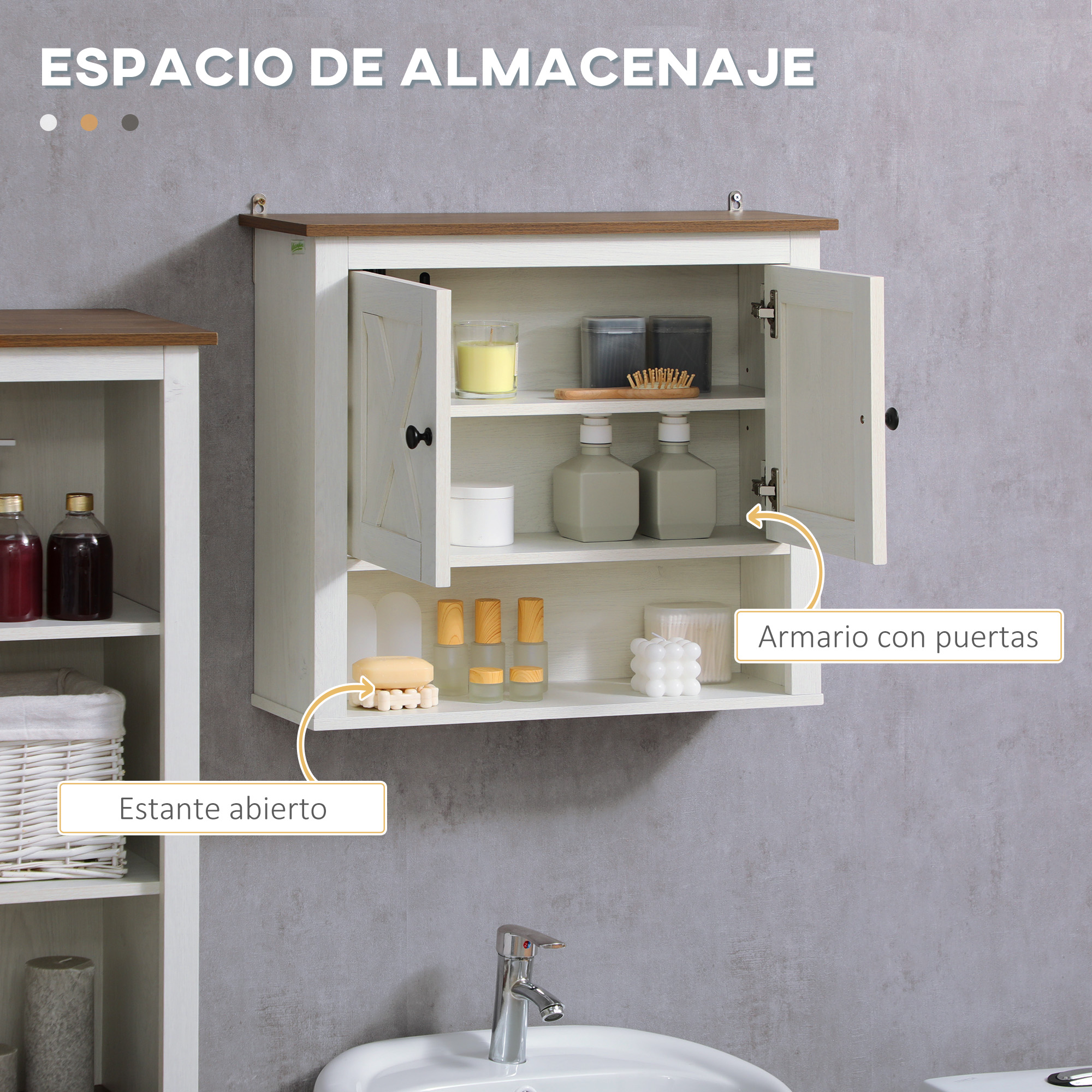 Gabinete de pared blanco con tapa de madera, lleno de artículos de baño.