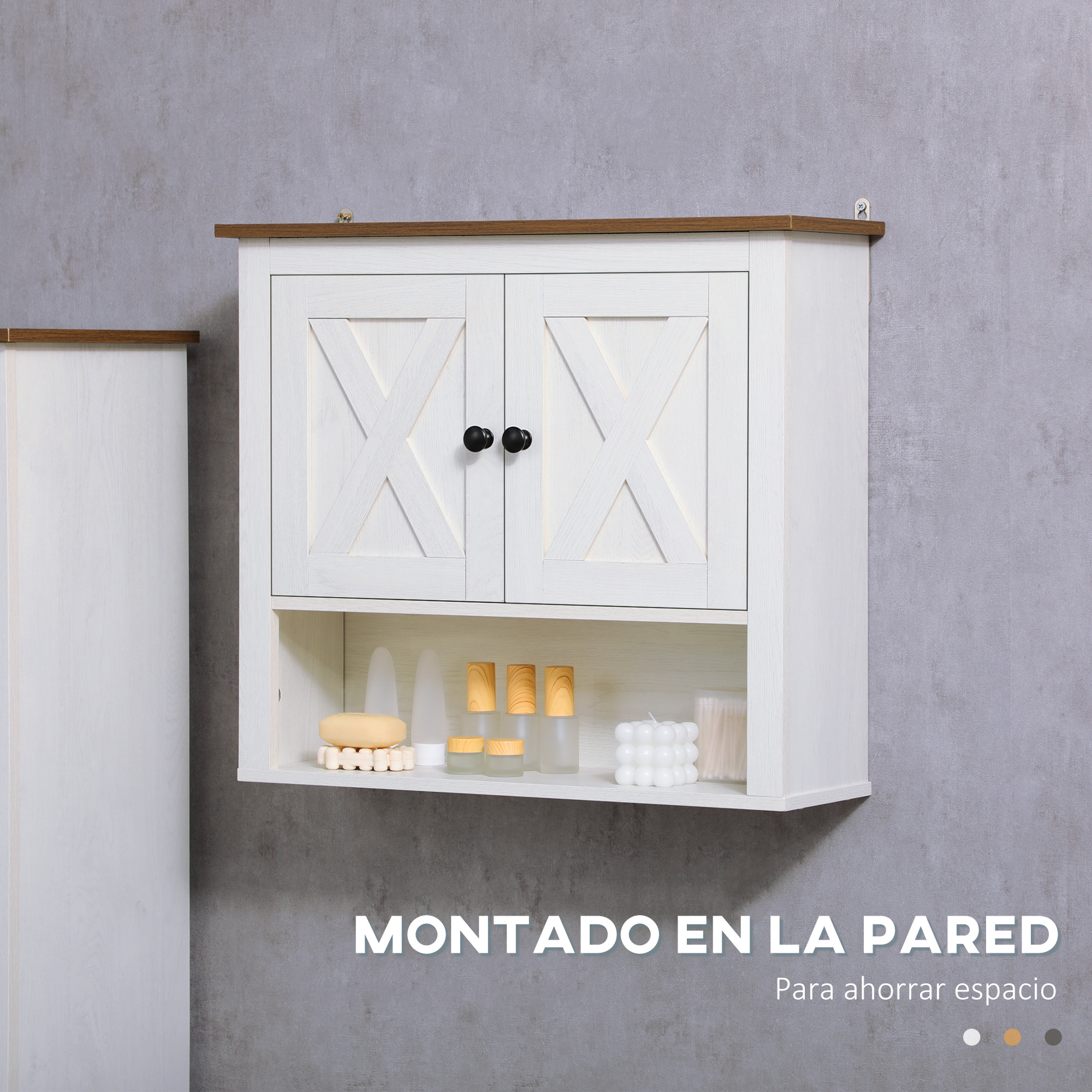 Un mueble de pared blanco con detalles de madera y dos puertas.