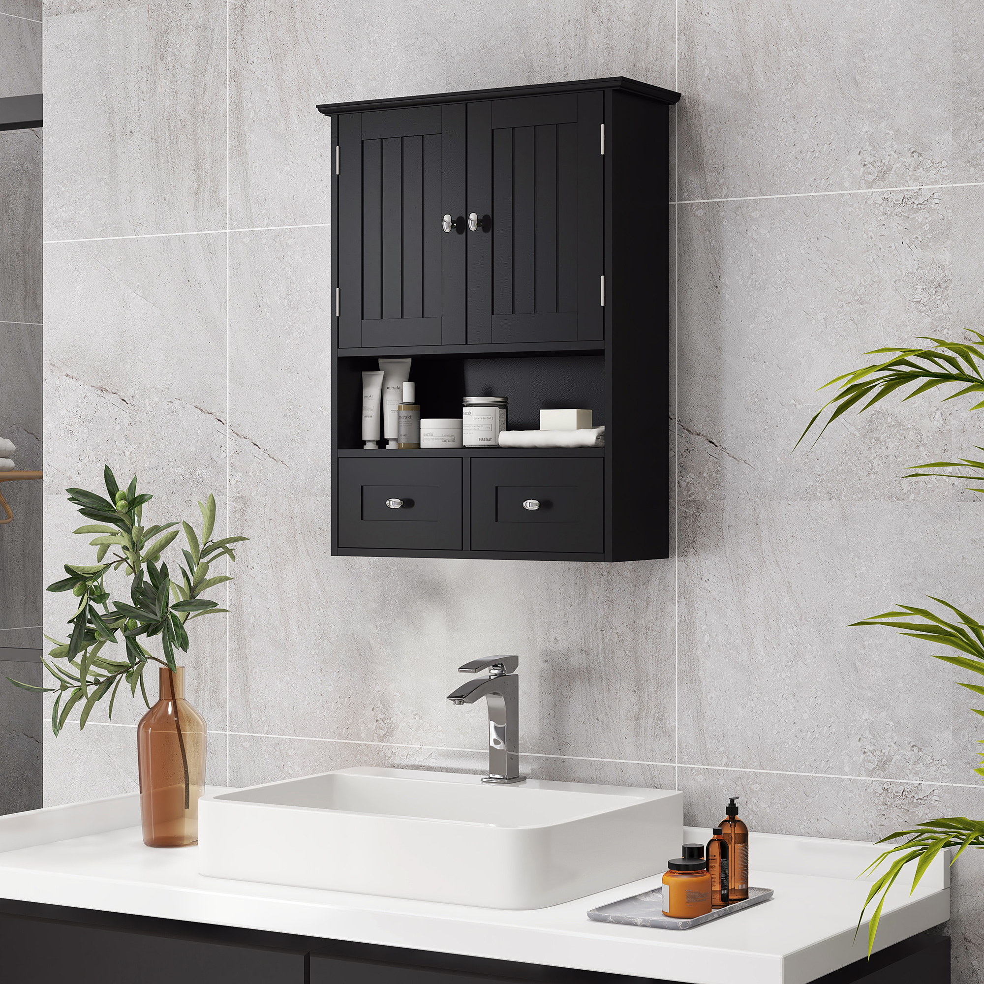 Un mueble de pared negro con dos puertas y dos cajones sobre un lavabo.