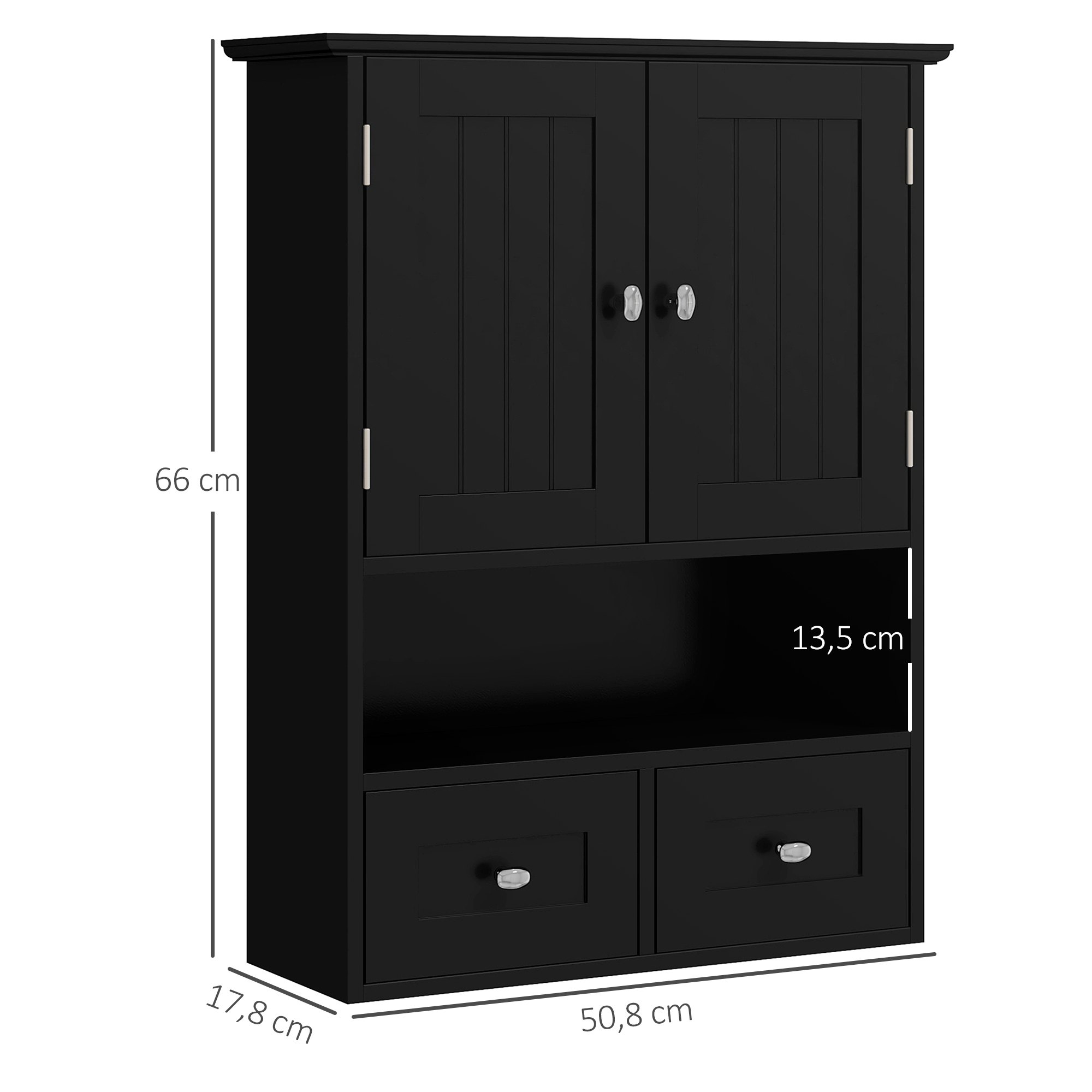 Armario alto negro con dos puertas, un estante y dos cajones. Dimensiones: 66x50.8x17.8 cm.