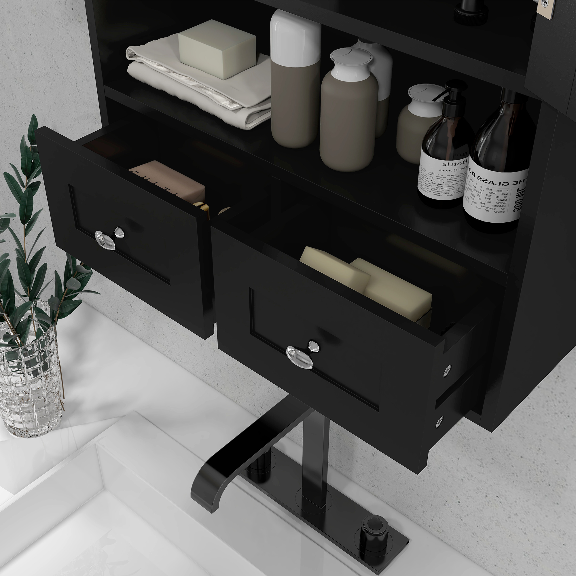 Gabinete de baño negro con cajones y estantes abiertos, lleno de jabón y botellas.