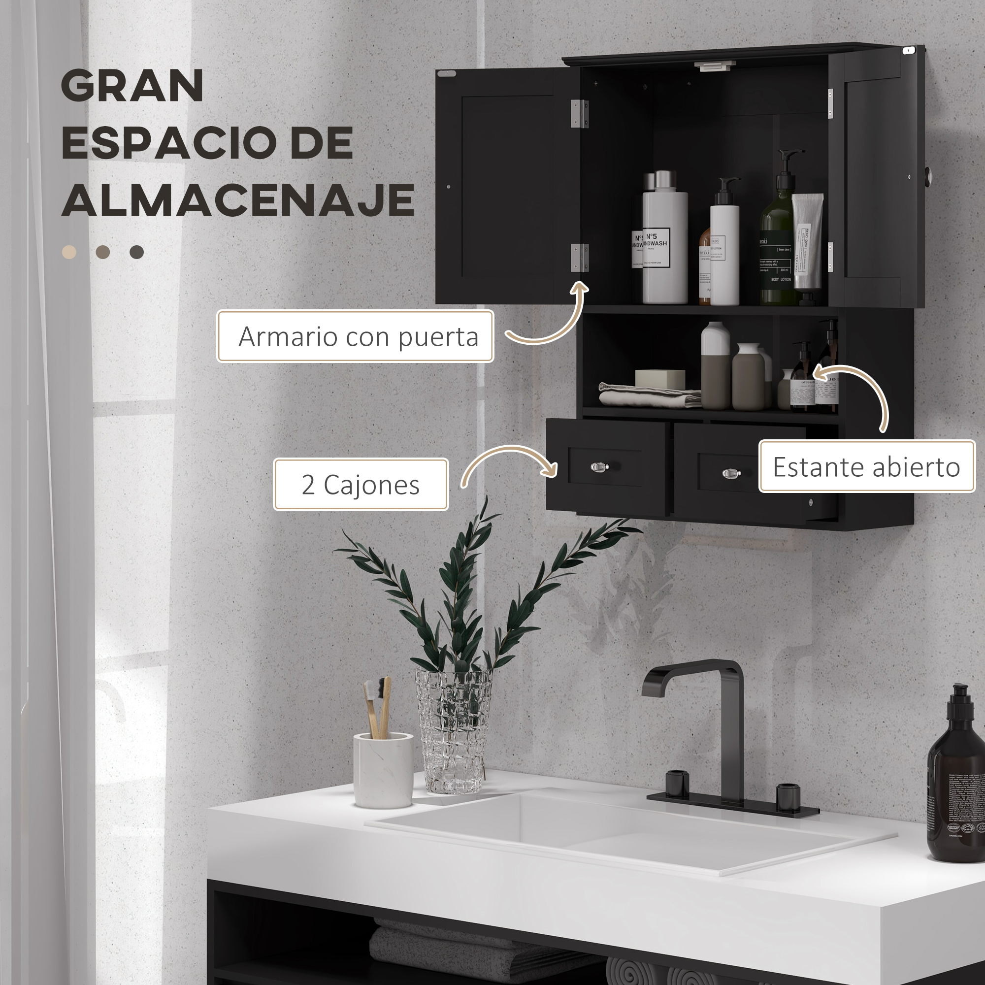 Un armario negro de pared sobre un lavabo blanco con grifos y plantas.