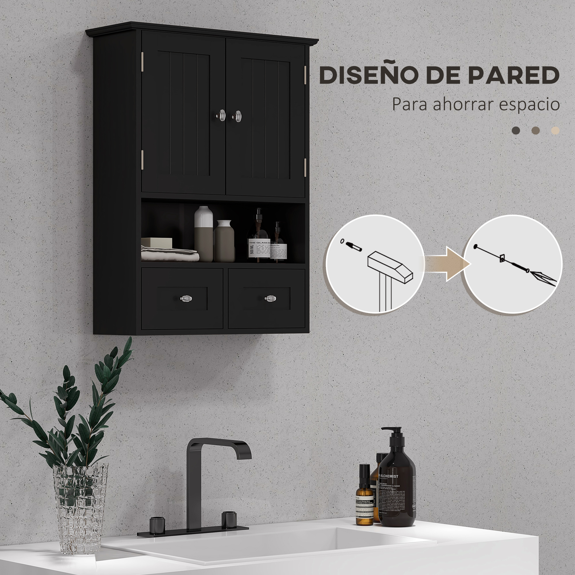 Armario negro de pared con dos puertas y dos cajones sobre un lavabo.