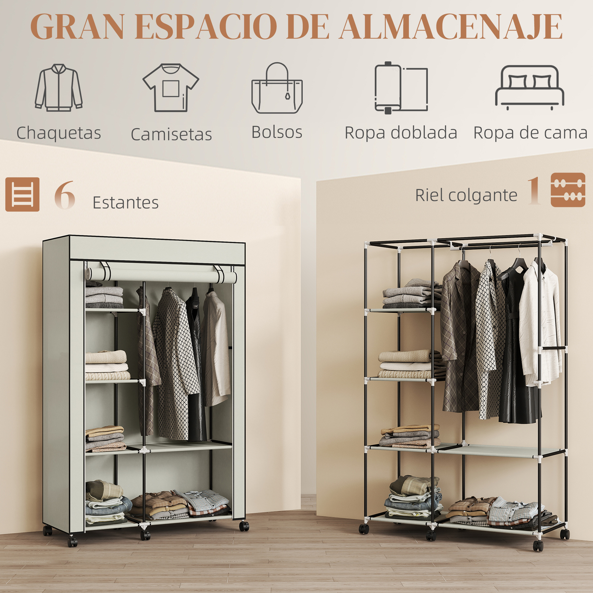 Dos armarios, uno de tela gris, otro de metal negro, con ropa y estantes. Espacio de almacenamiento.