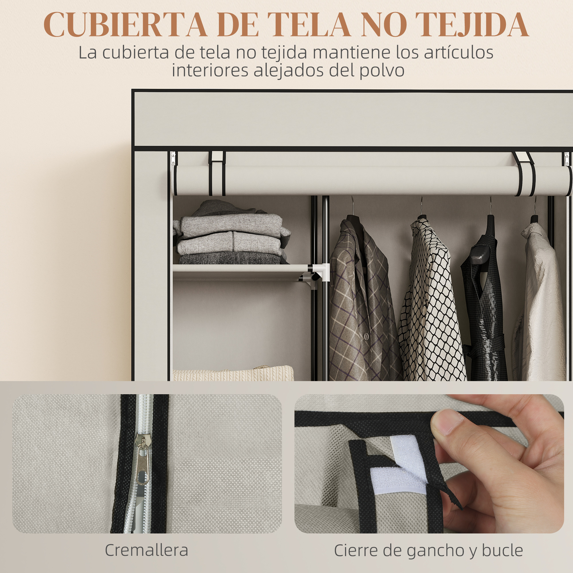 Funda de tela no tejida para armario con ropa colgada y artículos doblados.