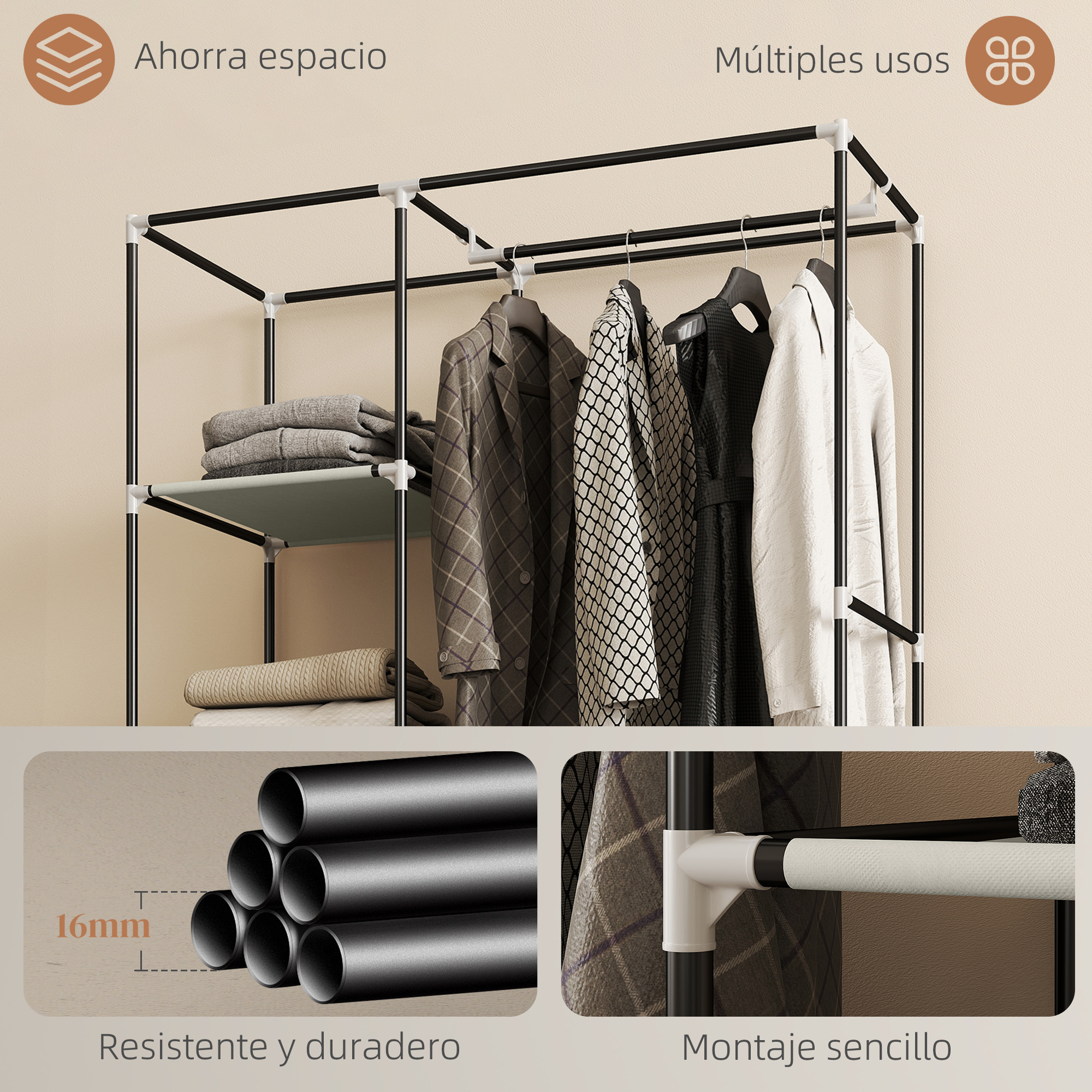 Armario con ropa y estantes, tubos y vistas de montaje.