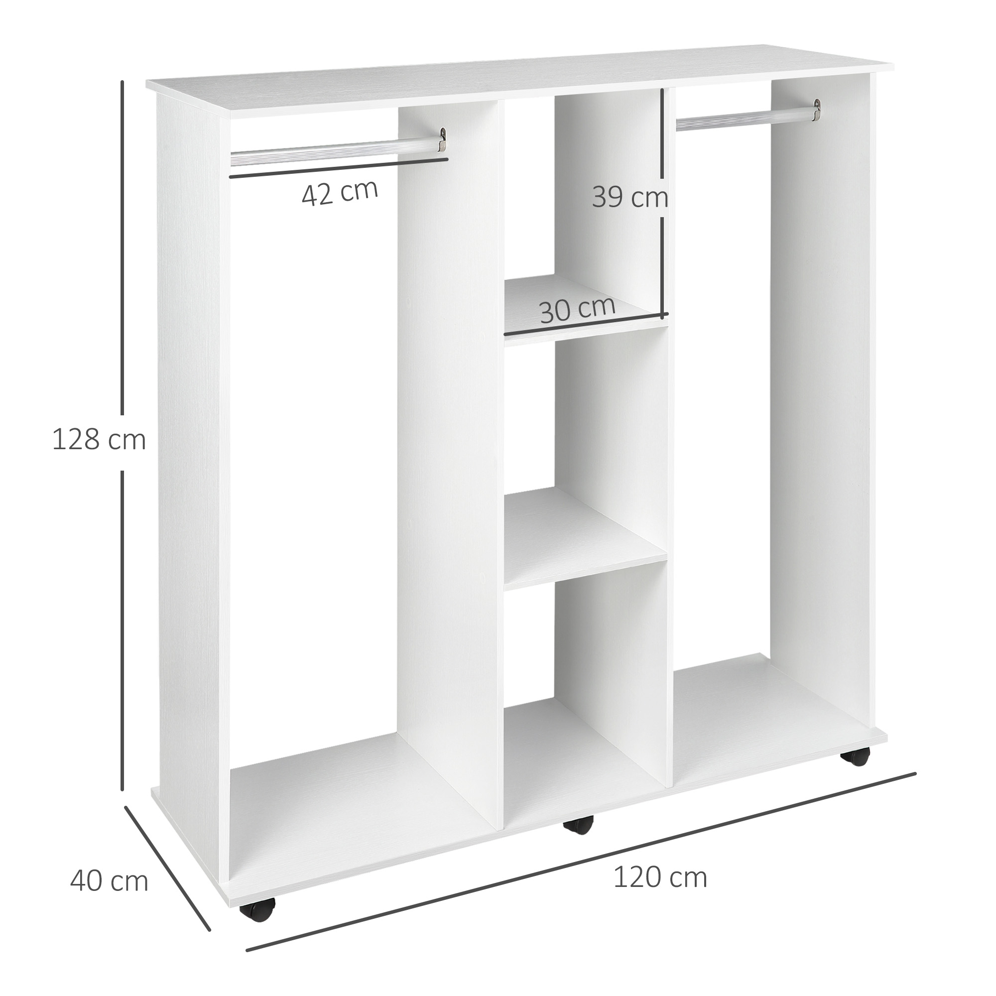 Armadio bianco con ruote, 128x120x40cm, con barre appendiabiti e ripiani.