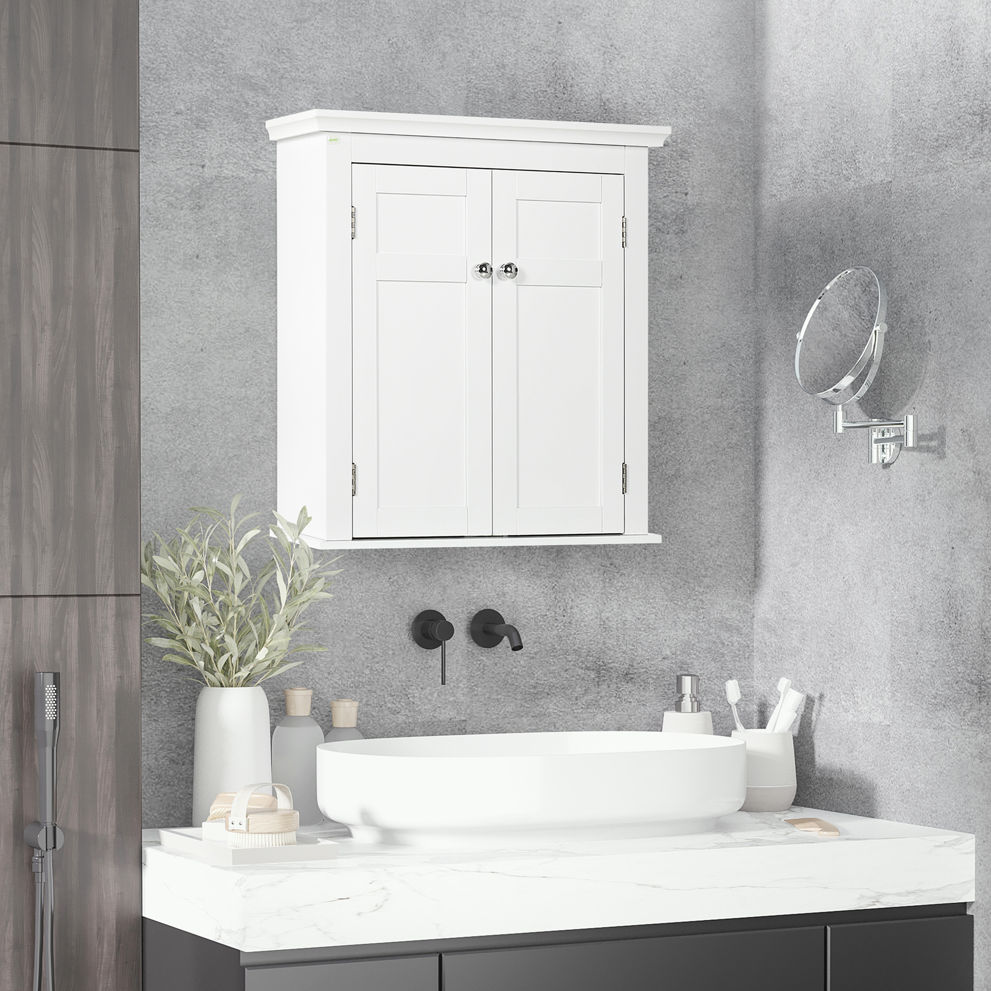 Un mueble de baño blanco sobre un lavabo con grifos y plantas.