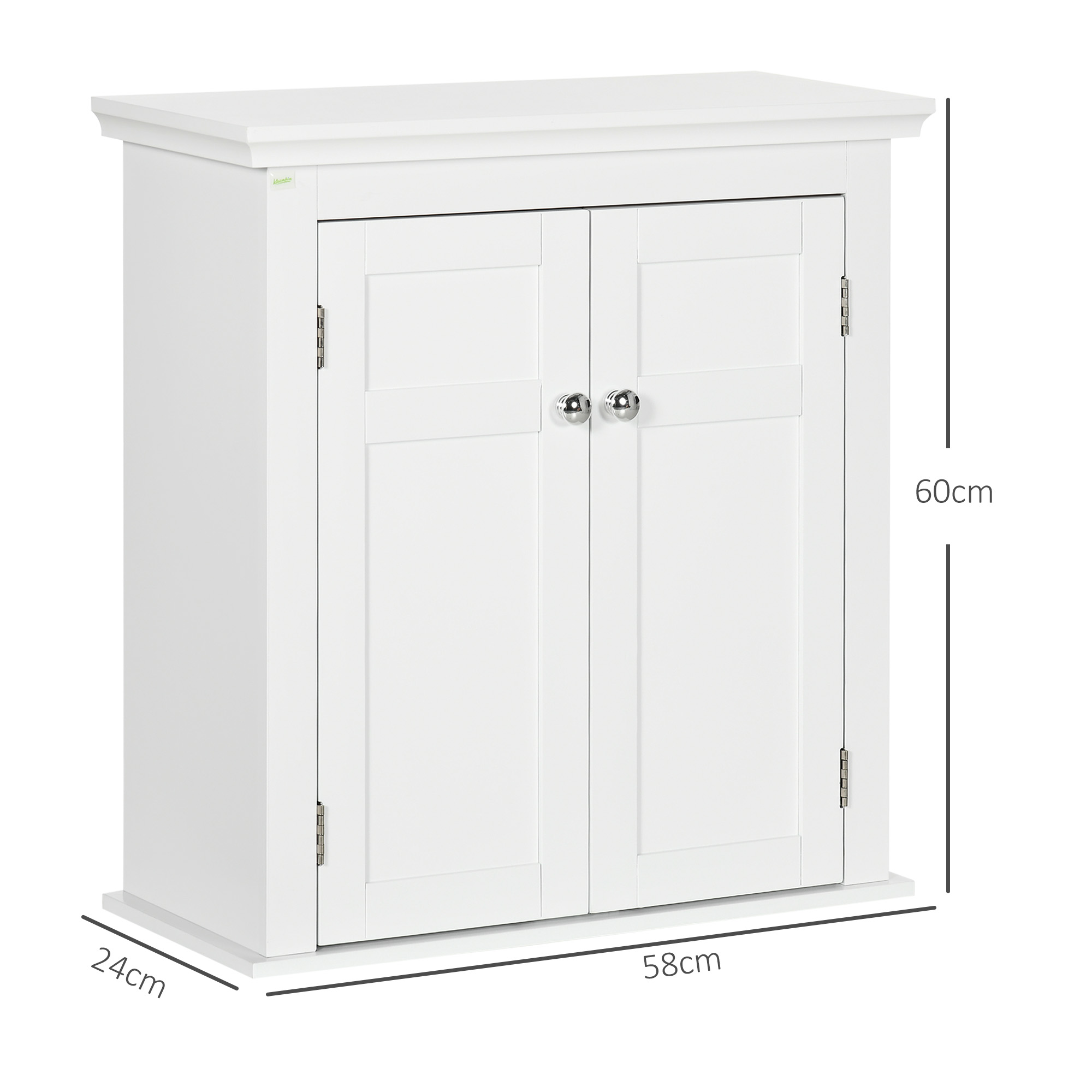 Un armario blanco con dos puertas y tiradores plateados. Dimensiones: 58x24x60cm.