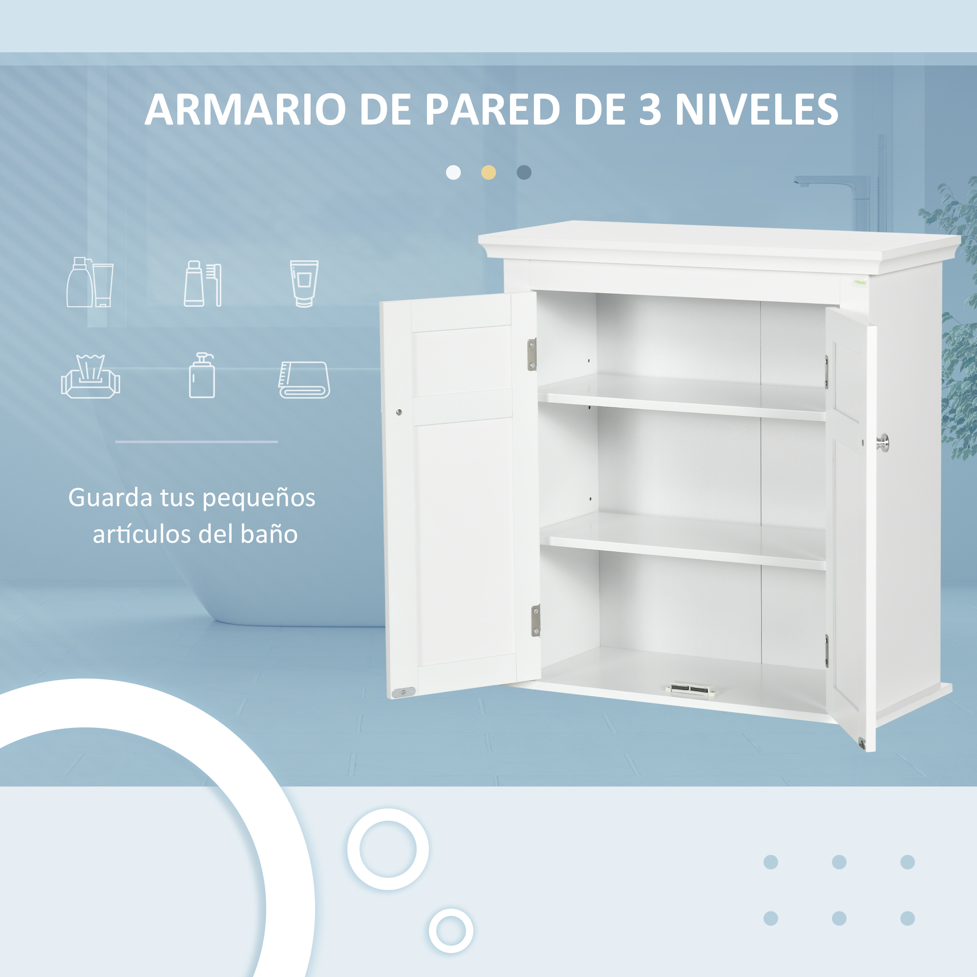 Armario blanco de pared de 3 niveles, puertas abiertas, iconos de baño.