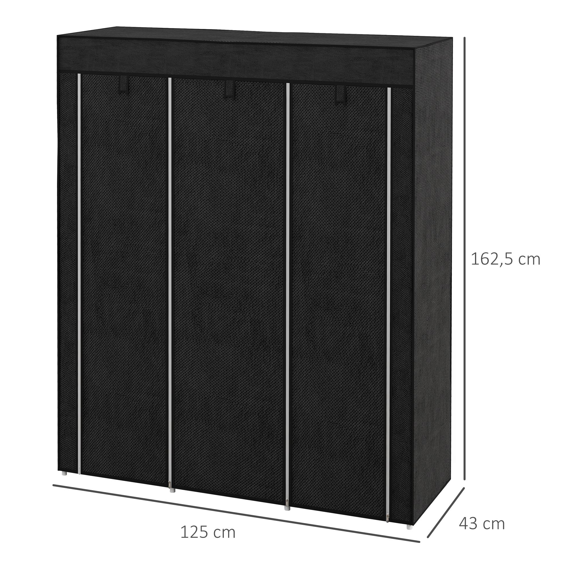 Armario de tela negro con tres puertas y marco metálico. Dimensiones 125x43x162,5 cm.