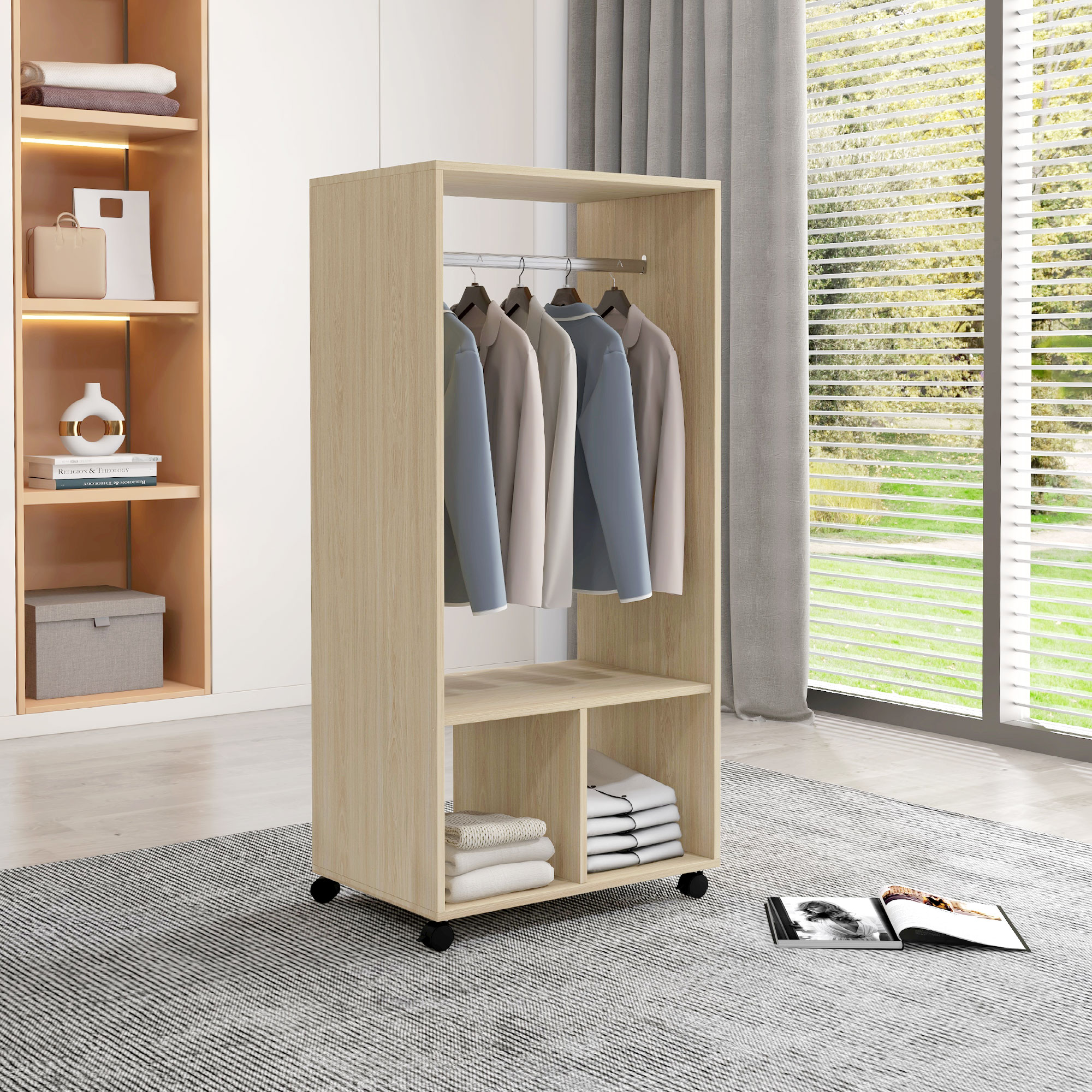 Un armario de madera con ruedas, ropa y estantes, junto a un libro abierto.